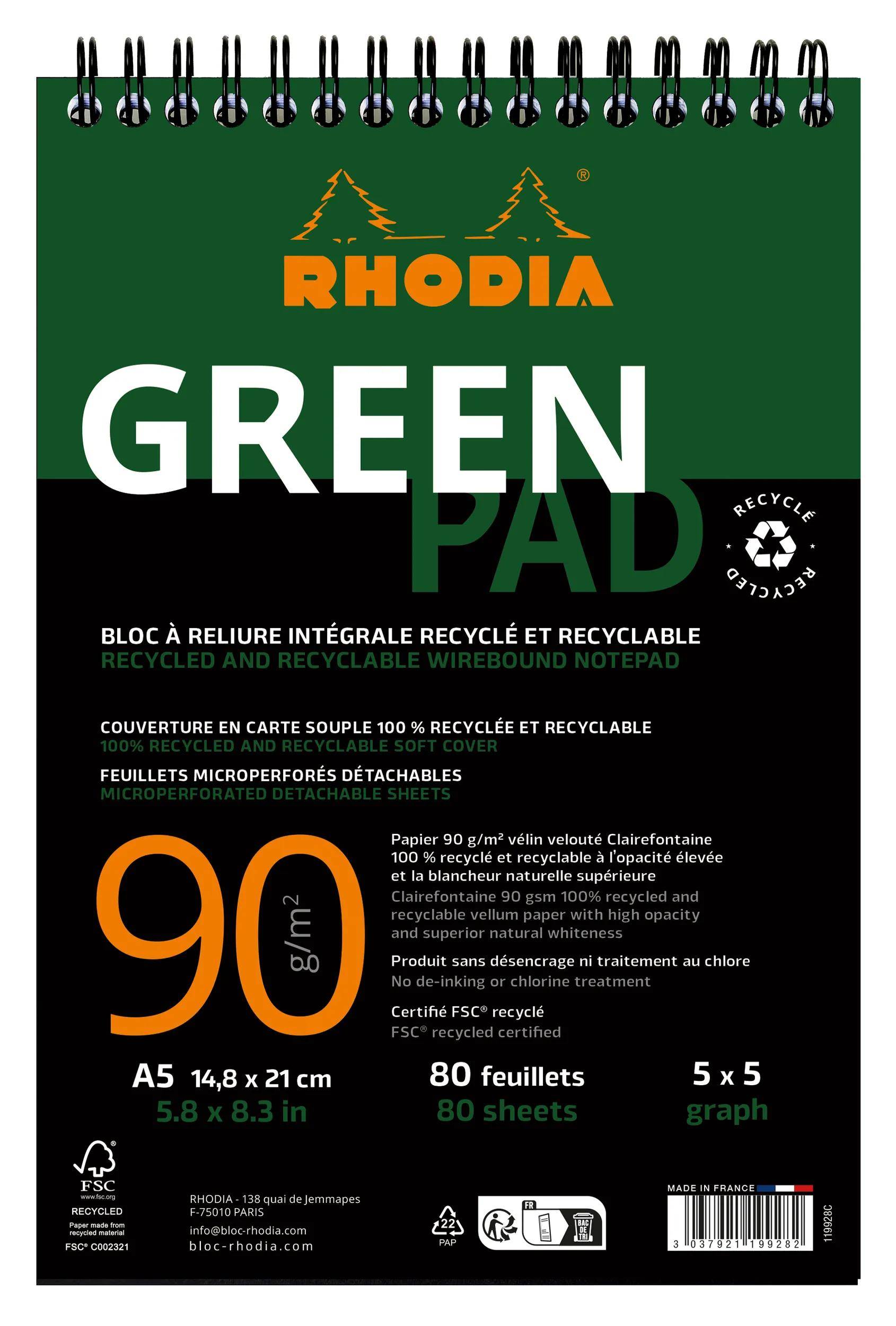 Rhodia 5x Block A5+ RC Karton 350 g/m2, 80 Bl kariert, 90 g/m2 Schwarz 119928C