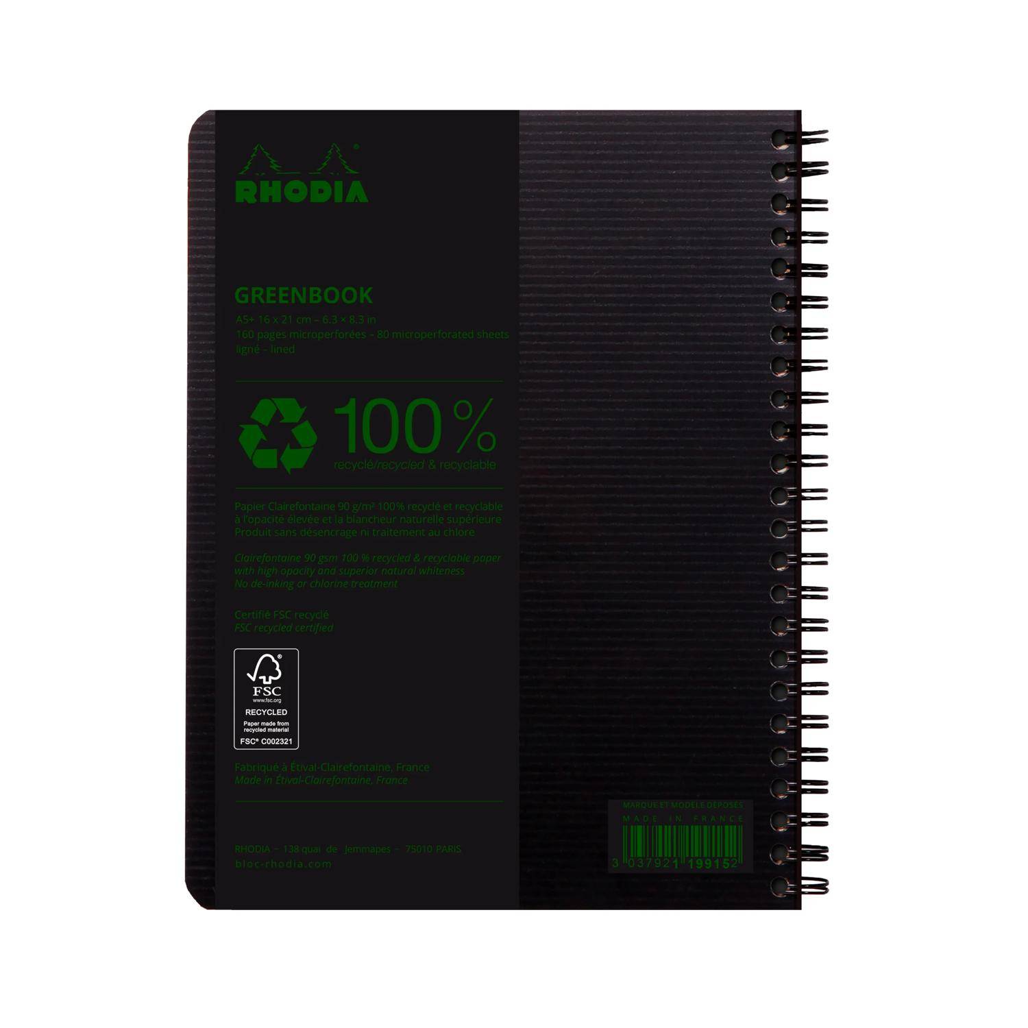 Rhodia 5x Greenbook A5+ mit Spiralbindung 80 Blatt liniert 90g Schwarz 119915C