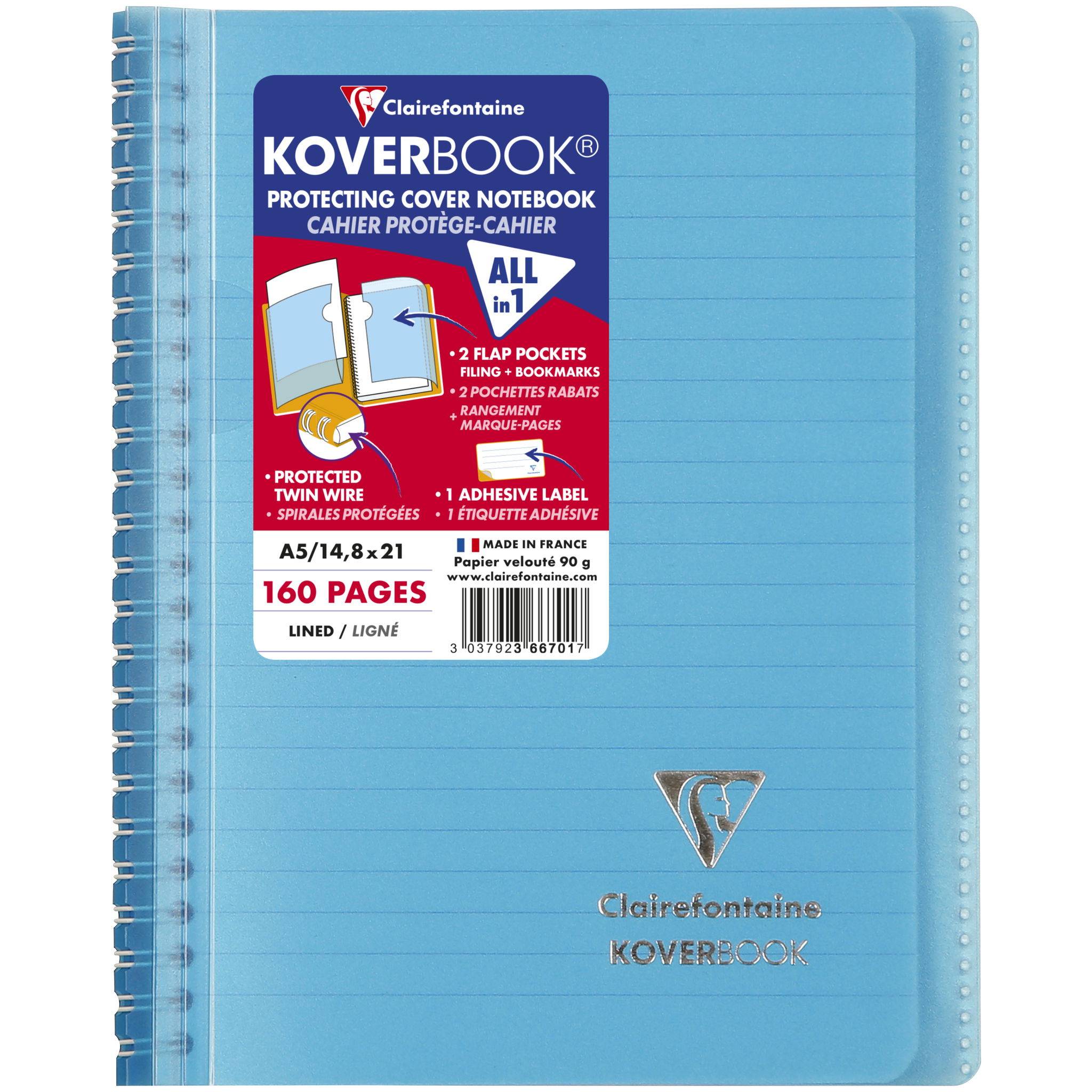 Clairefontaine 5x Koverbook Spiralblock A5, 80 Bl liniert, Sortiert 366701C