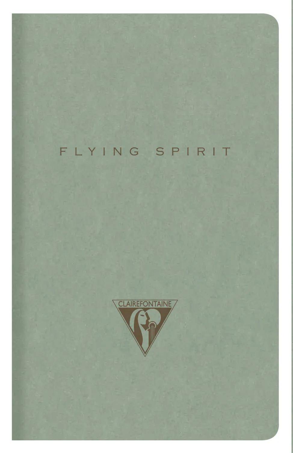 Nahaufnahme eines blassgrünen Notizbucheinbands mit der Aufschrift „FLYING SPIRIT