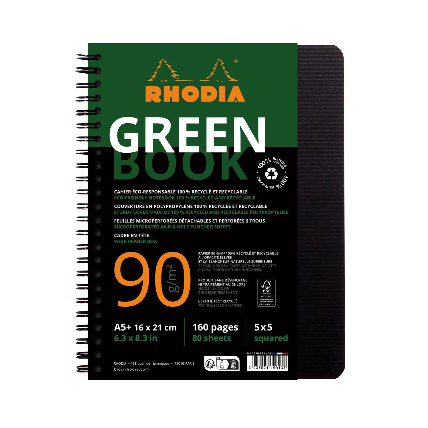 Rhodia 5x Greenbook A5+ mit Spiralbindung 80 Blatt kariert 90g Schwarz 119913C
