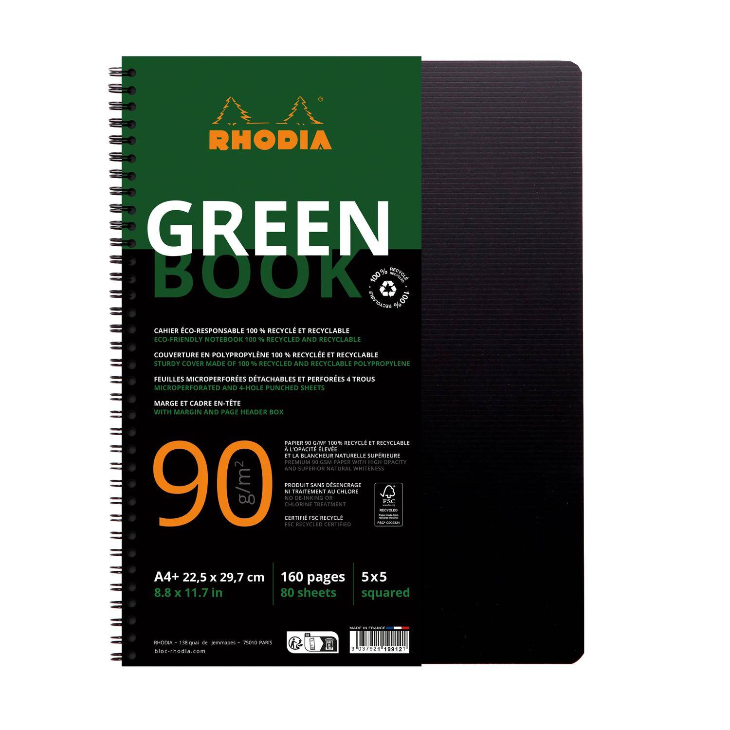 Rhodia 5x Greenbook A4+ mit Spiralbindung 80 Blatt kariert 90g Schwarz 119912C
