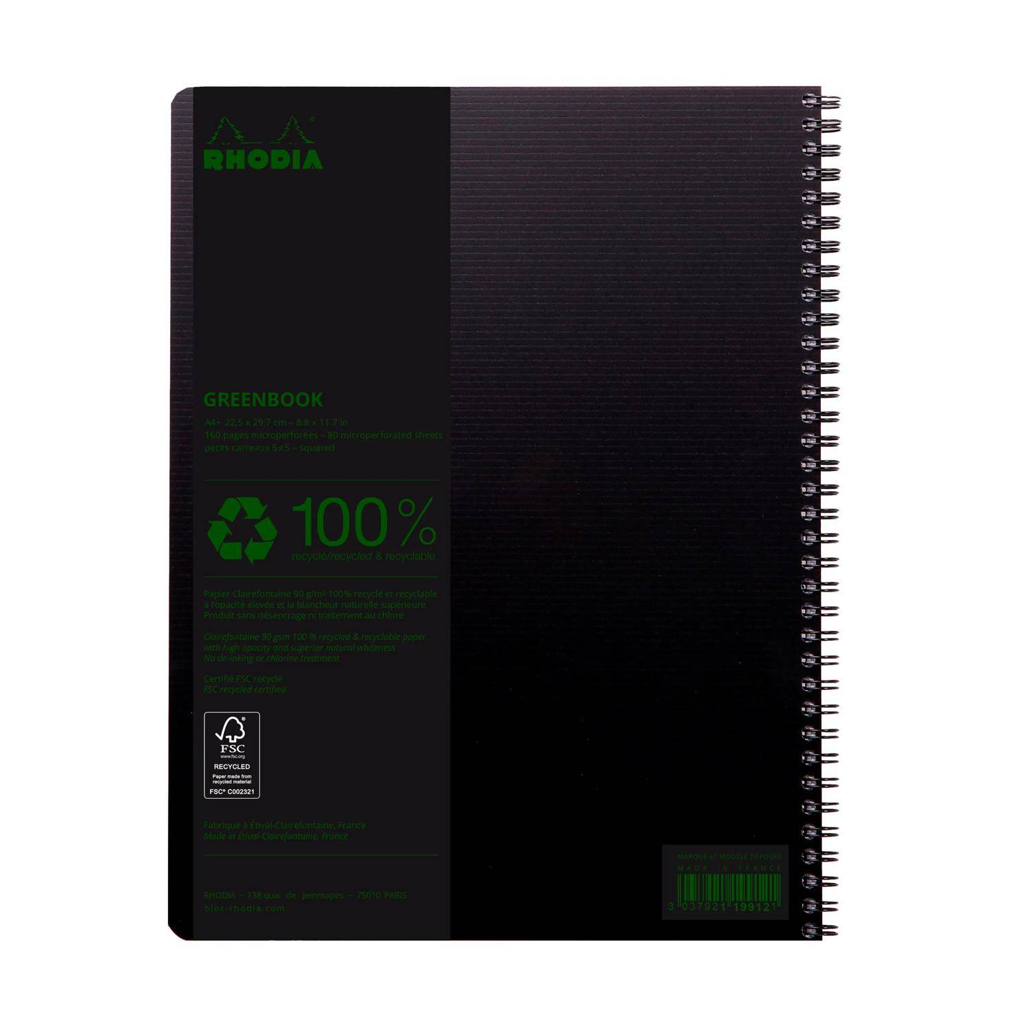 Rhodia 5x Greenbook A4+ mit Spiralbindung 80 Blatt kariert 90g Schwarz 119912C
