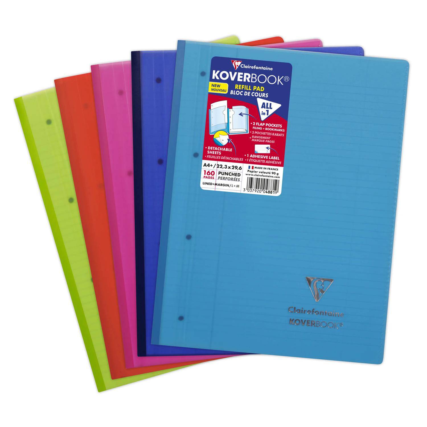 Stapel von bunten Clairefontaine Koverbook Nachfüllblock-Umschlägen, mit einem blauen A4-Umschlag vorne und anderen leuchtenden Farben dahinter.