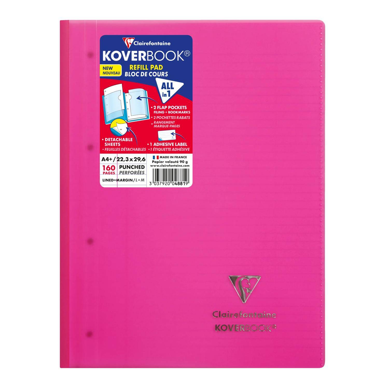 Pink Clairefontaine Koverbook Nachfüllblock mit einem Etikett, das A4+-Größe, 160 gelochte Seiten und All-in-One-Funktionen zeigt.