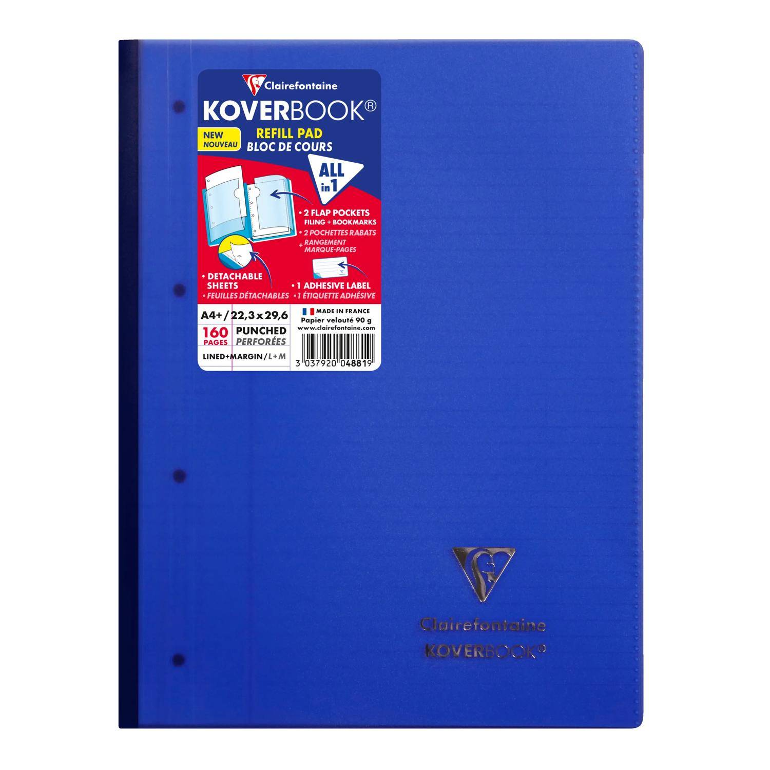 Blaues Clairefontaine Koverbook Nachfüllnotizbuch mit beschriftetem Umschlag, integrierten Taschen und Klebebezeichnung, geschlossen dargestellt.