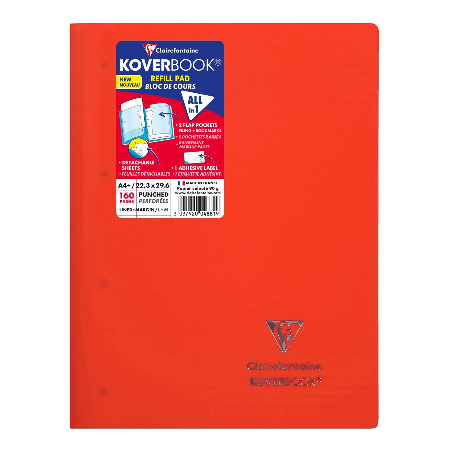 Orange-rotes Clairefontaine Koverbook Nachfüllblock-Notizbuchcover mit Produktetikett, Logo und Barcode auf der Vorderseite.
