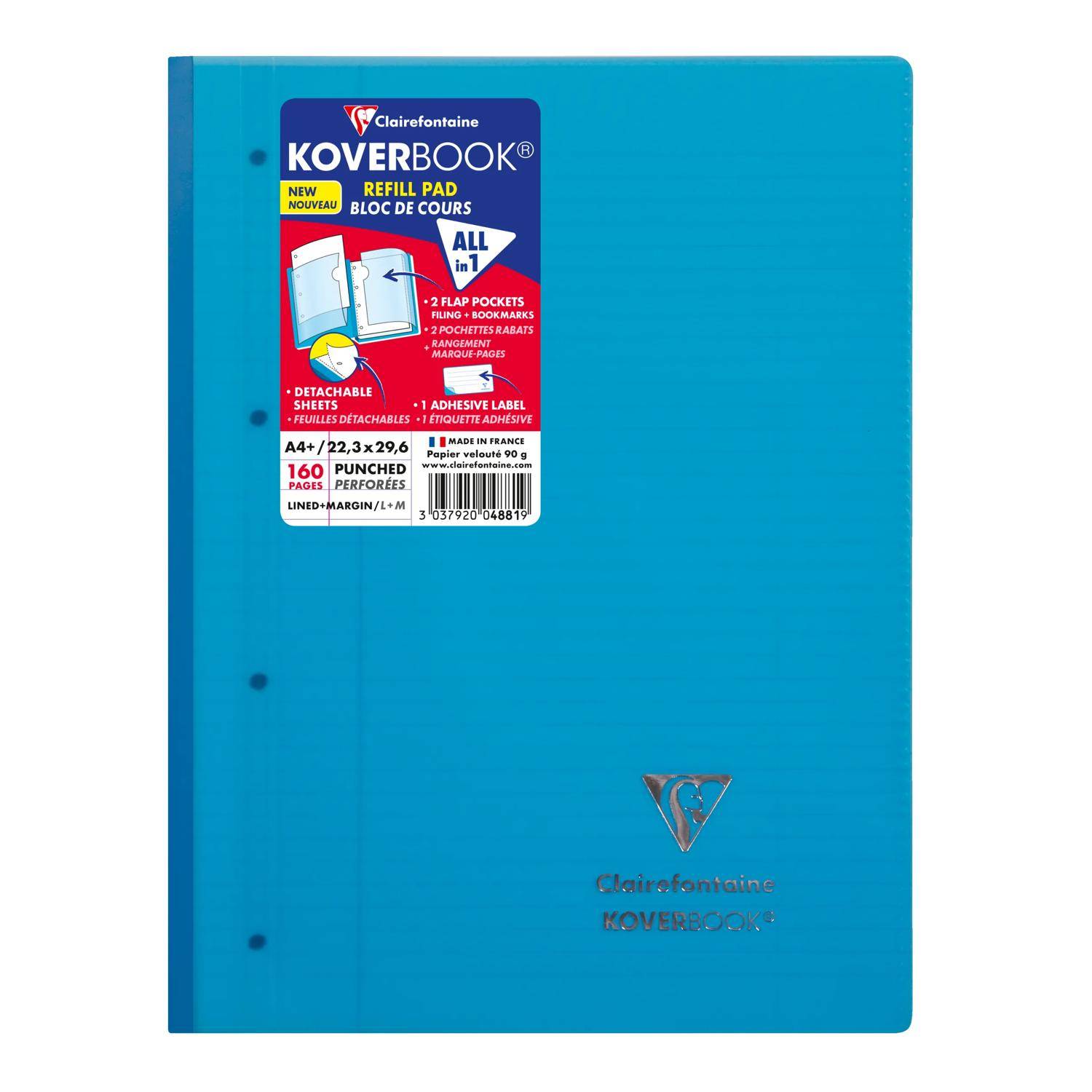 Blau Clairefontaine Koverbook Nachfüllblock-Notizbuch mit einem Etikett auf der Vorderseite, geschlossen auf weißem Hintergrund dargestellt.