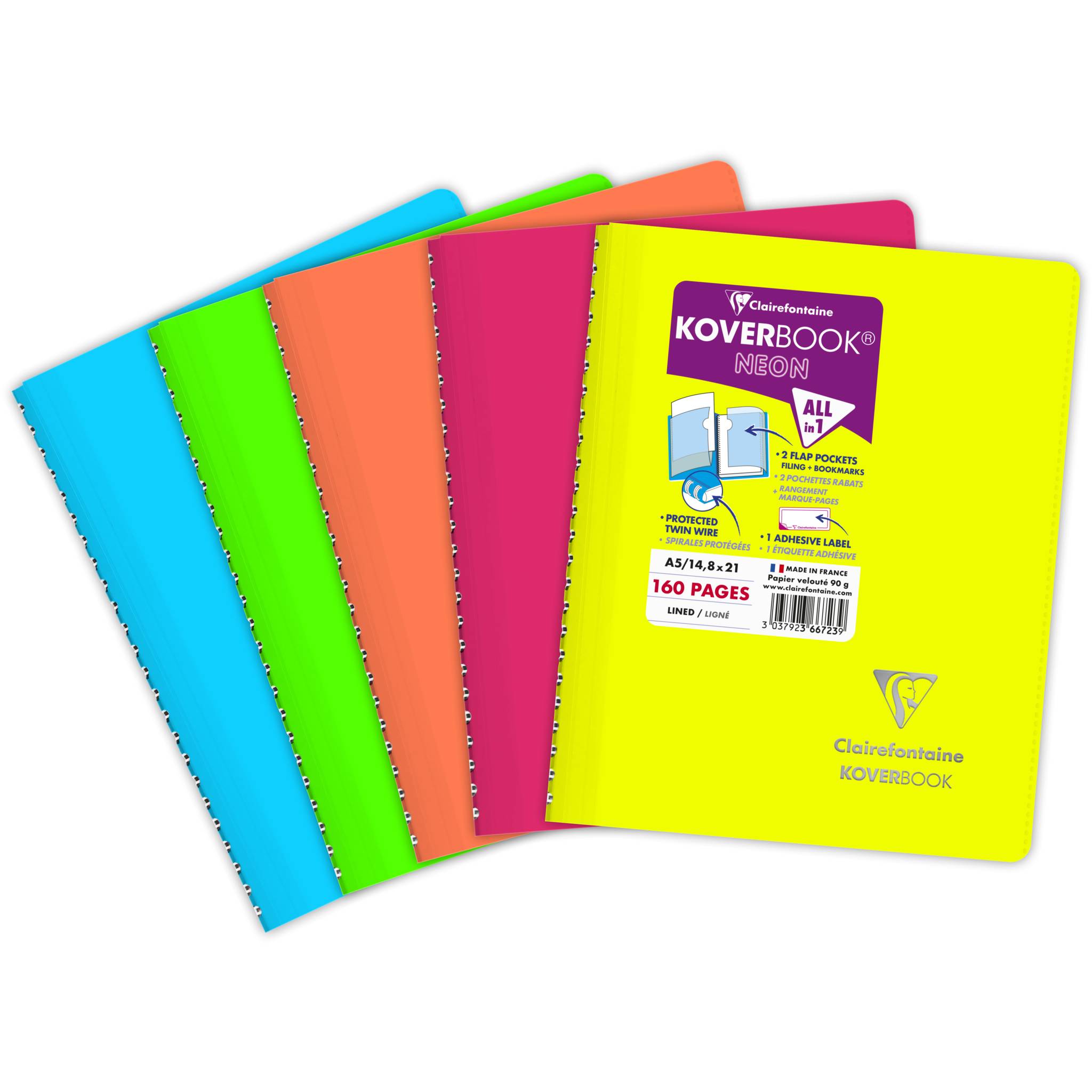 Clairefontaine 5x Neon Spiralbuch A5, 80 Blatt 90g, liniert Sortiert 366723C