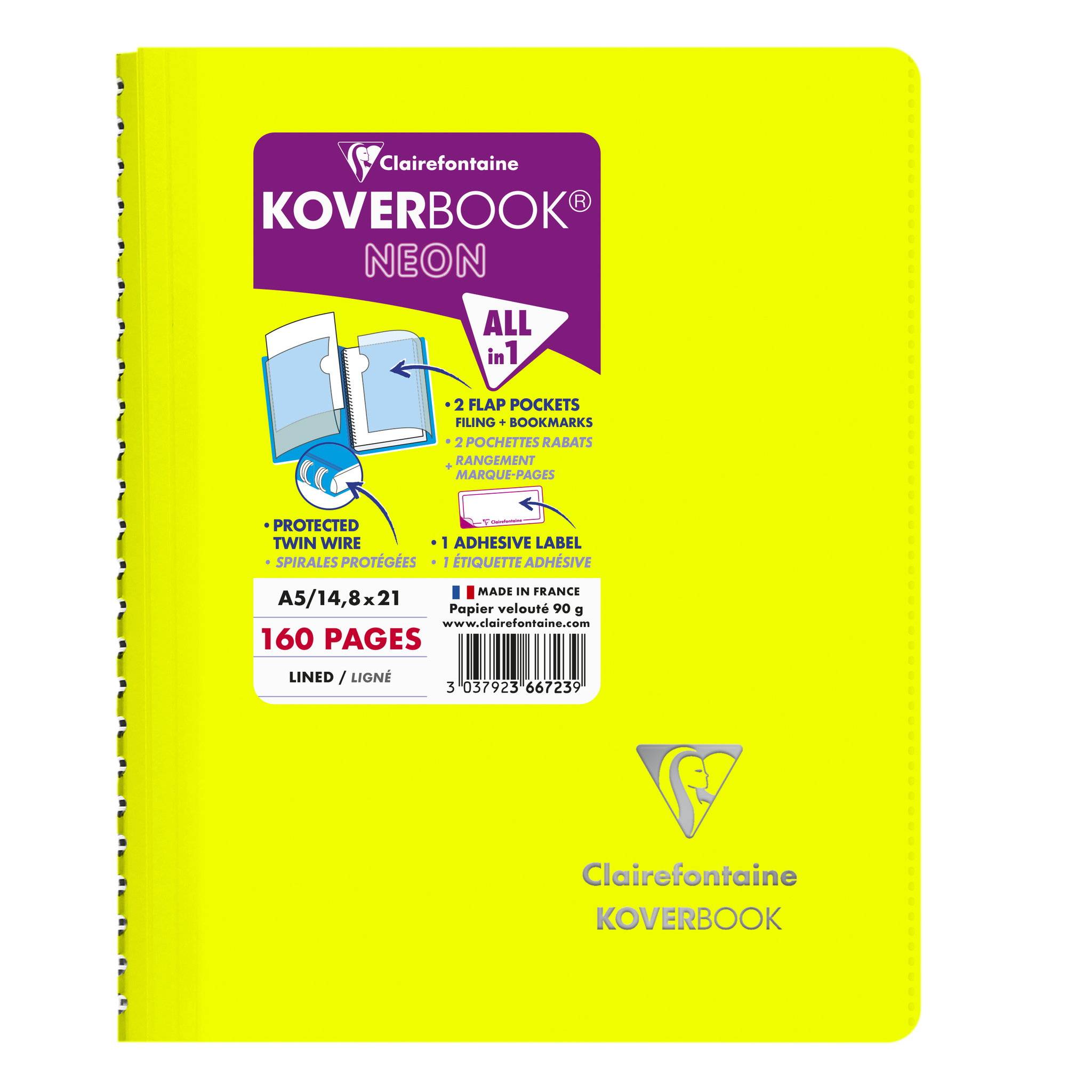 Clairefontaine 5x Neon Spiralbuch A5, 80 Blatt 90g, liniert Sortiert 366723C