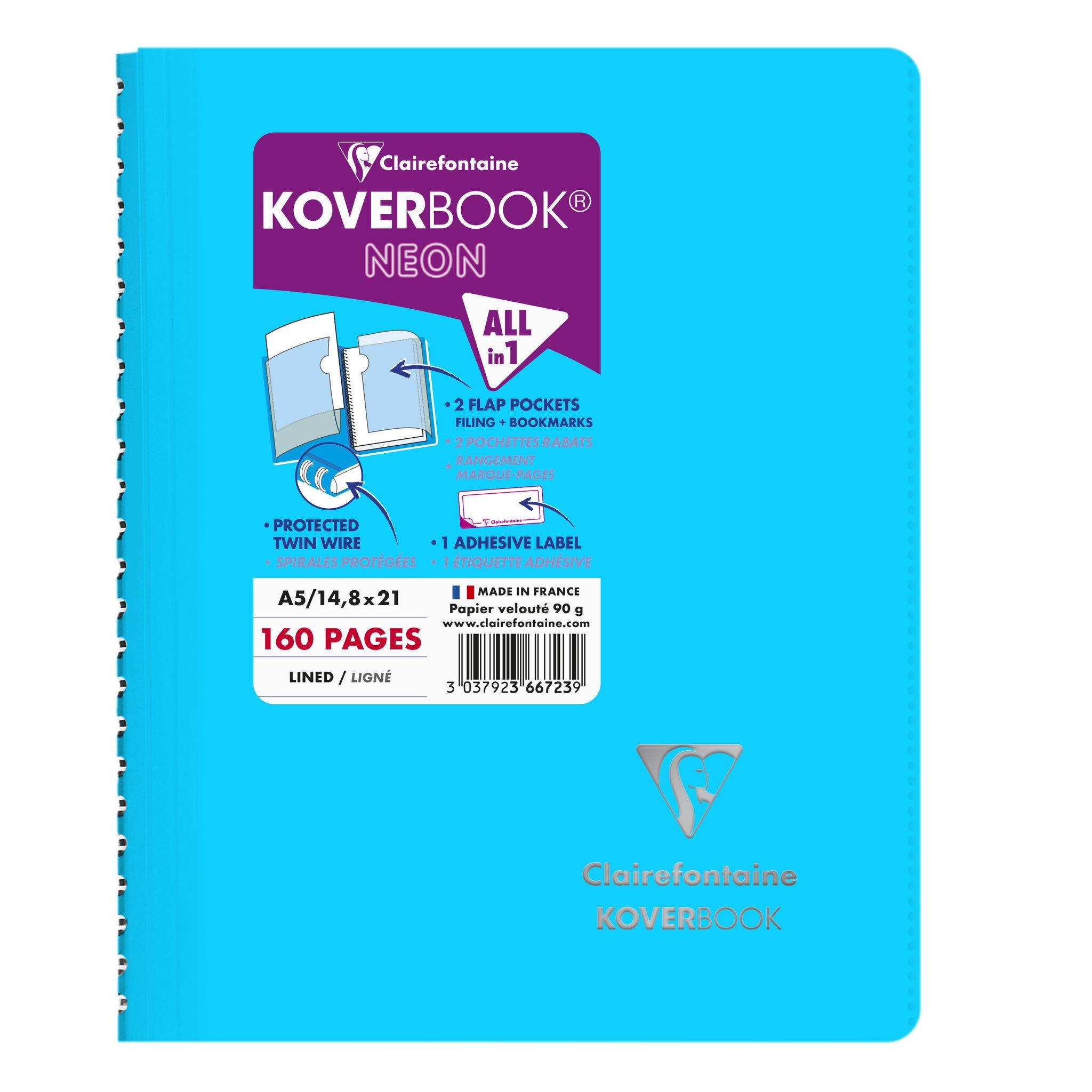 Clairefontaine 5x Neon Spiralbuch A5, 80 Blatt 90g, liniert Sortiert 366723C