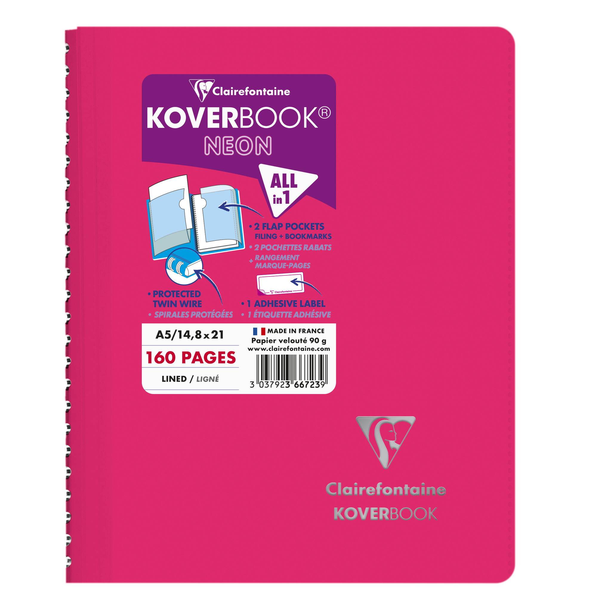 Clairefontaine 5x Neon Spiralbuch A5, 80 Blatt 90g, liniert Sortiert 366723C