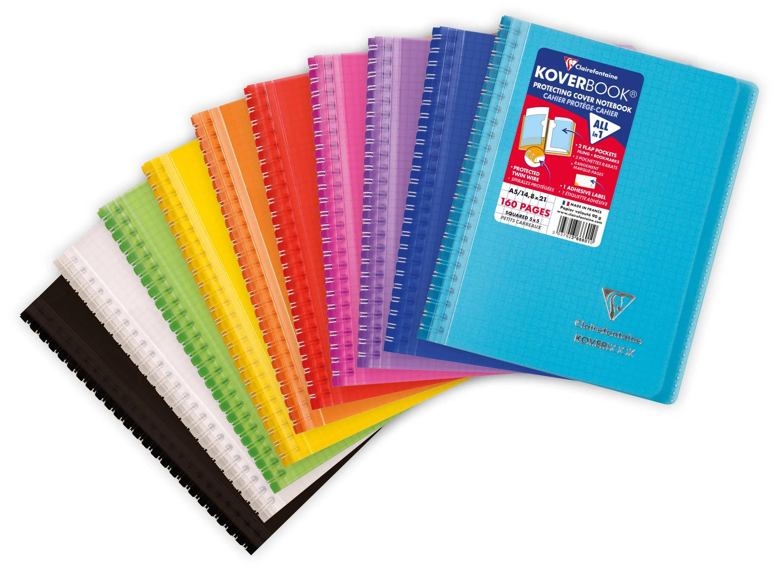Clairefontaine 5x Koverbook Spiralblock A5, 80 Bl kariert, Sortiert 366601C