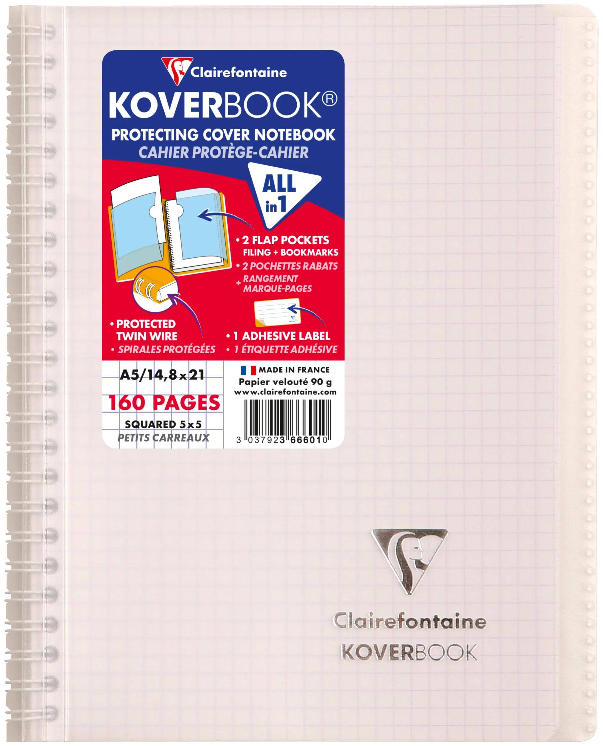Clairefontaine 5x Koverbook Spiralblock A5, 80 Bl kariert, Sortiert 366601C