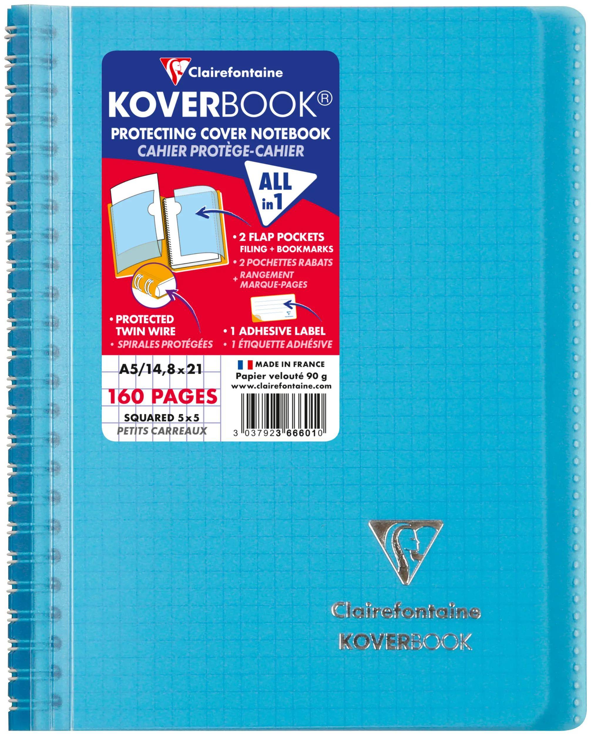 Clairefontaine 5x Koverbook Spiralblock A5, 80 Bl kariert, Sortiert 366601C