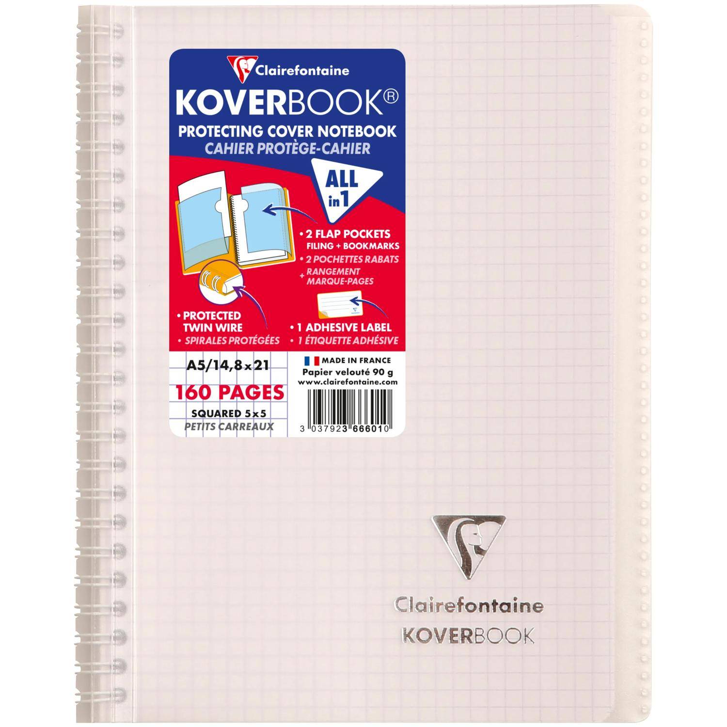 Clairefontaine 5x Koverbook Spiralblock A5, 80 Bl kariert, Sortiert 366601C