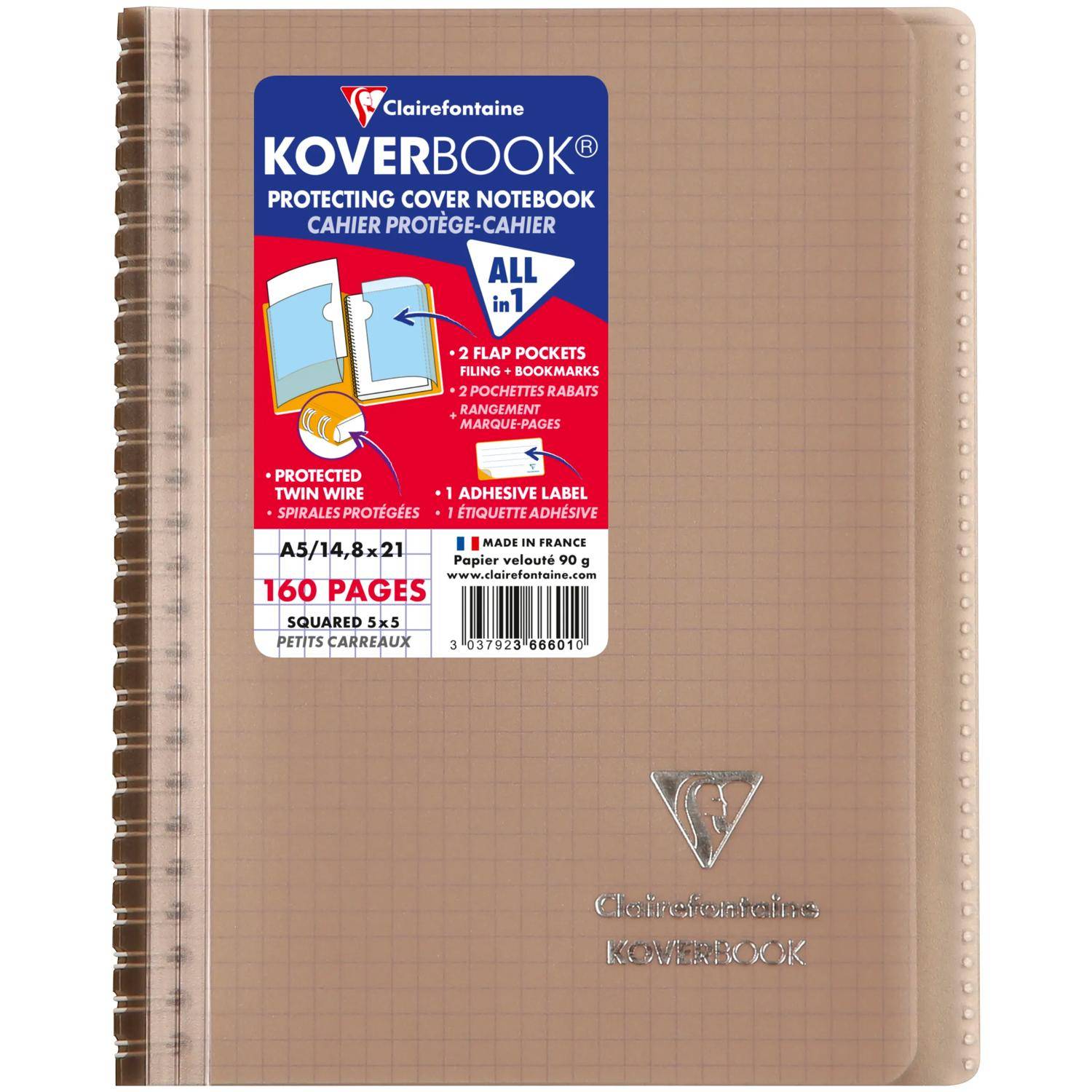 Clairefontaine 5x Koverbook Spiralblock A5, 80 Bl kariert, Sortiert 366601C