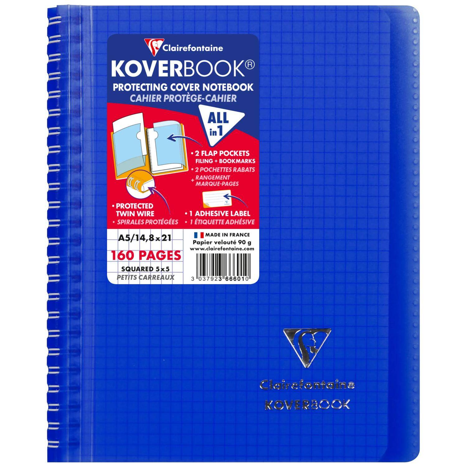 Clairefontaine 5x Koverbook Spiralblock A5, 80 Bl kariert, Sortiert 366601C