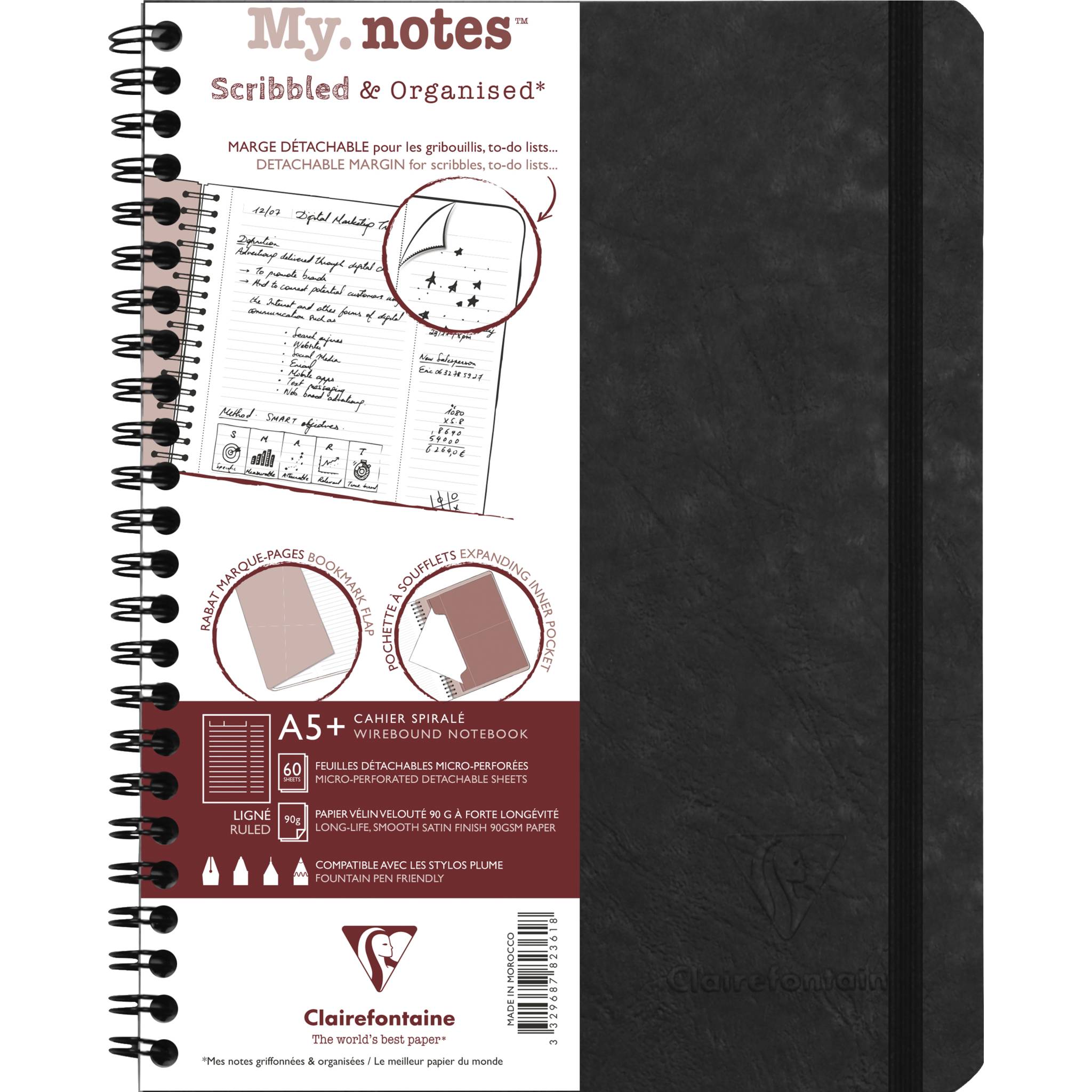 Clairefontaine 5x My.Notes Age Bag Spiralheft A5+, 60 Blatt Schwarz 782361C