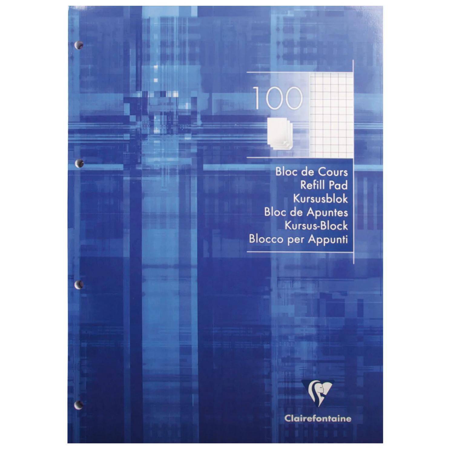Blaues Clairefontaine 100-Blatt Nachfüllblock mit Rasterpapier und mehrsprachigem Etikett, gezeigt als Notizbuch-Vorderseite.