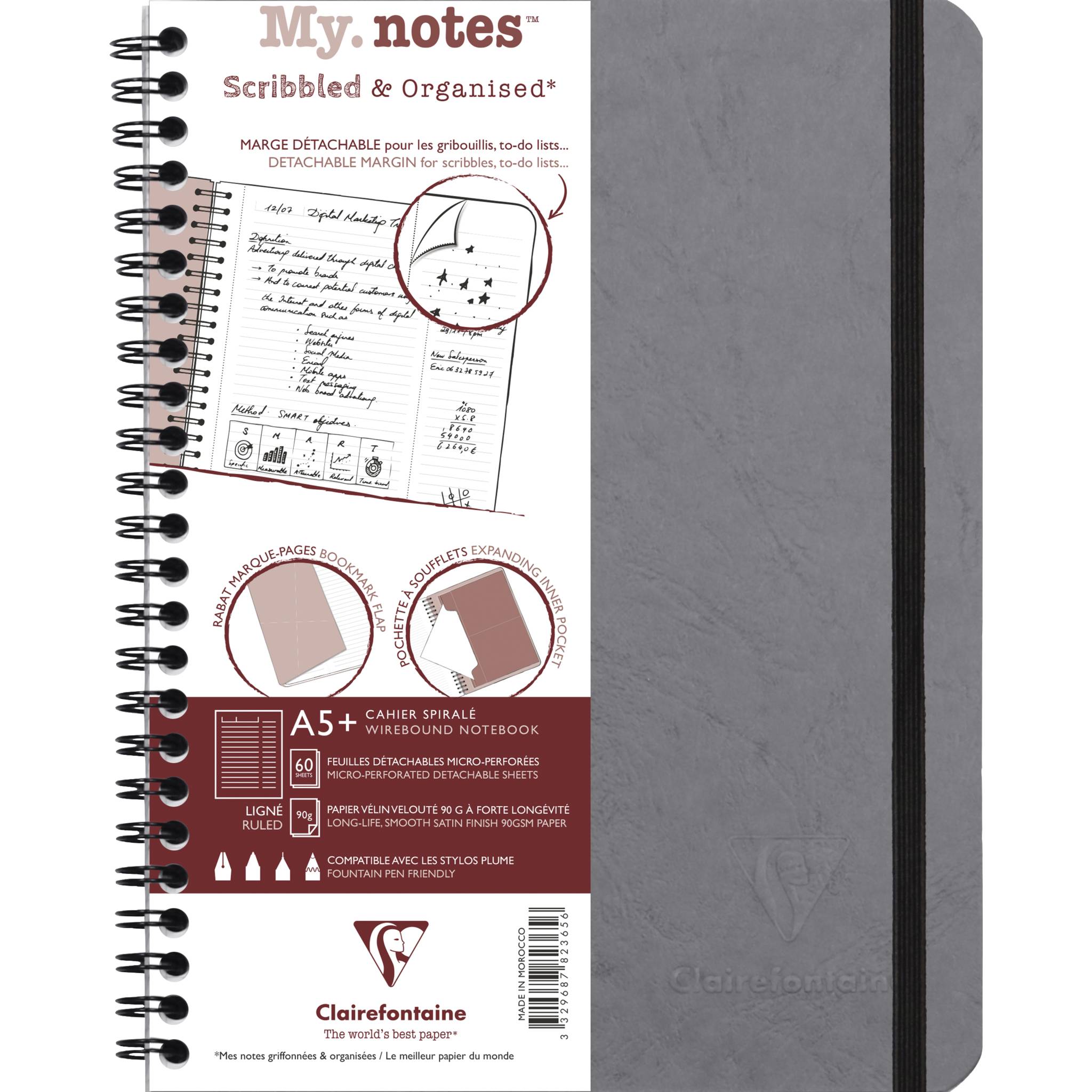 Clairefontaine 5x My.Notes Age Bag Spiralheft A5+, 60 Blatt Grau 782365C