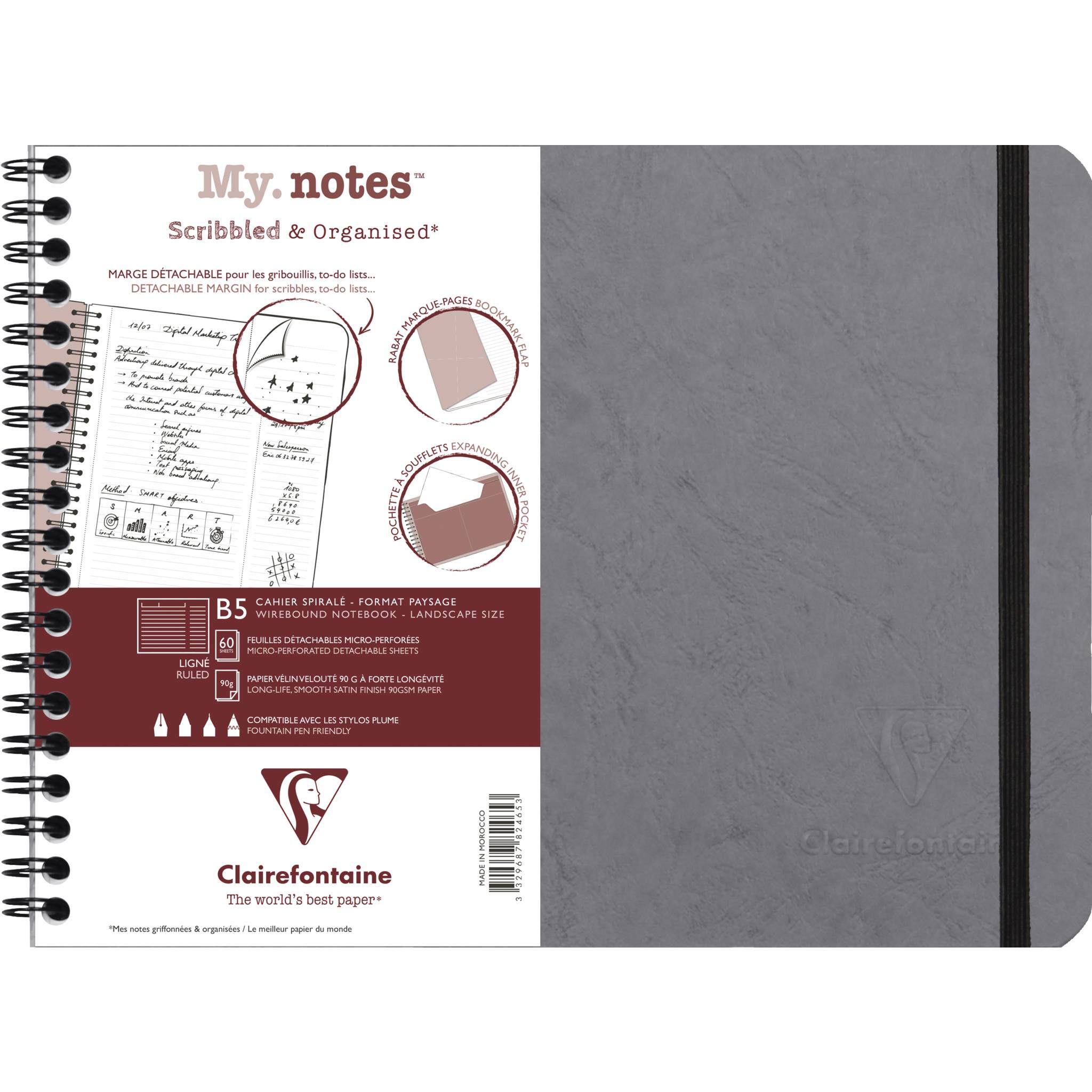 Clairefontaine 5x My.Notes Age Bag Spiralheft B5 60 Blatt liniert Grau 782465C