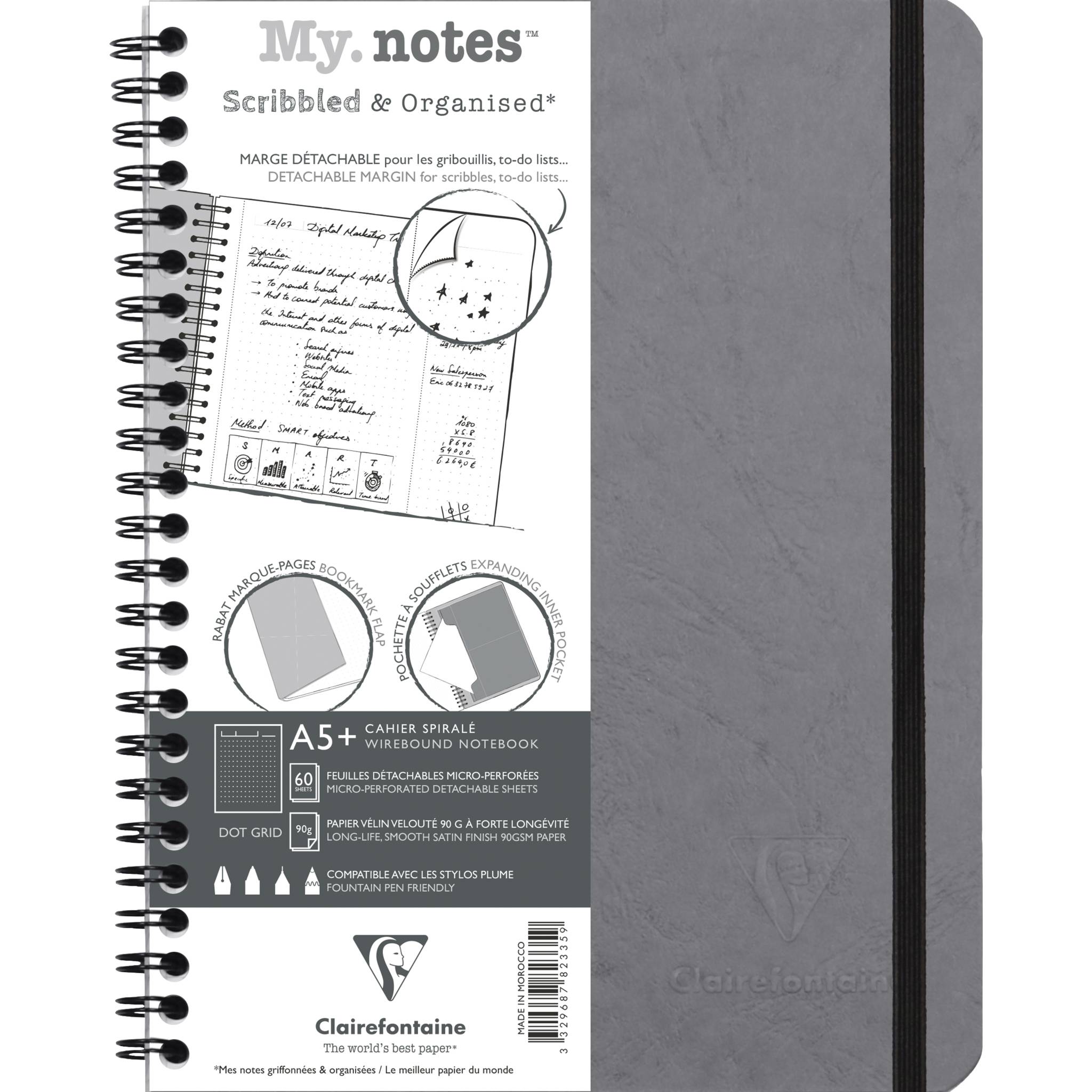 Clairefontaine 5x My.Notes Age Bag Spiralheft A5+, 60 Blatt Grau 782335C