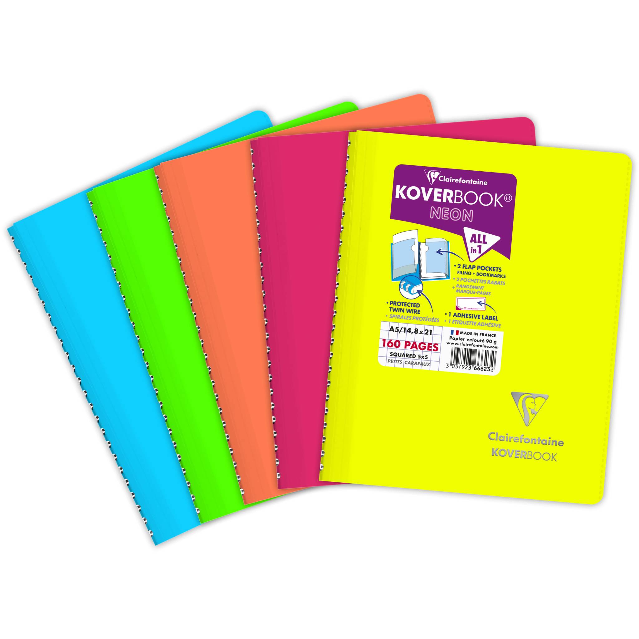 Clairefontaine 5x Neon Spiralbuch A5, 80 Blatt 90g, kariert - Sortiert 366623C