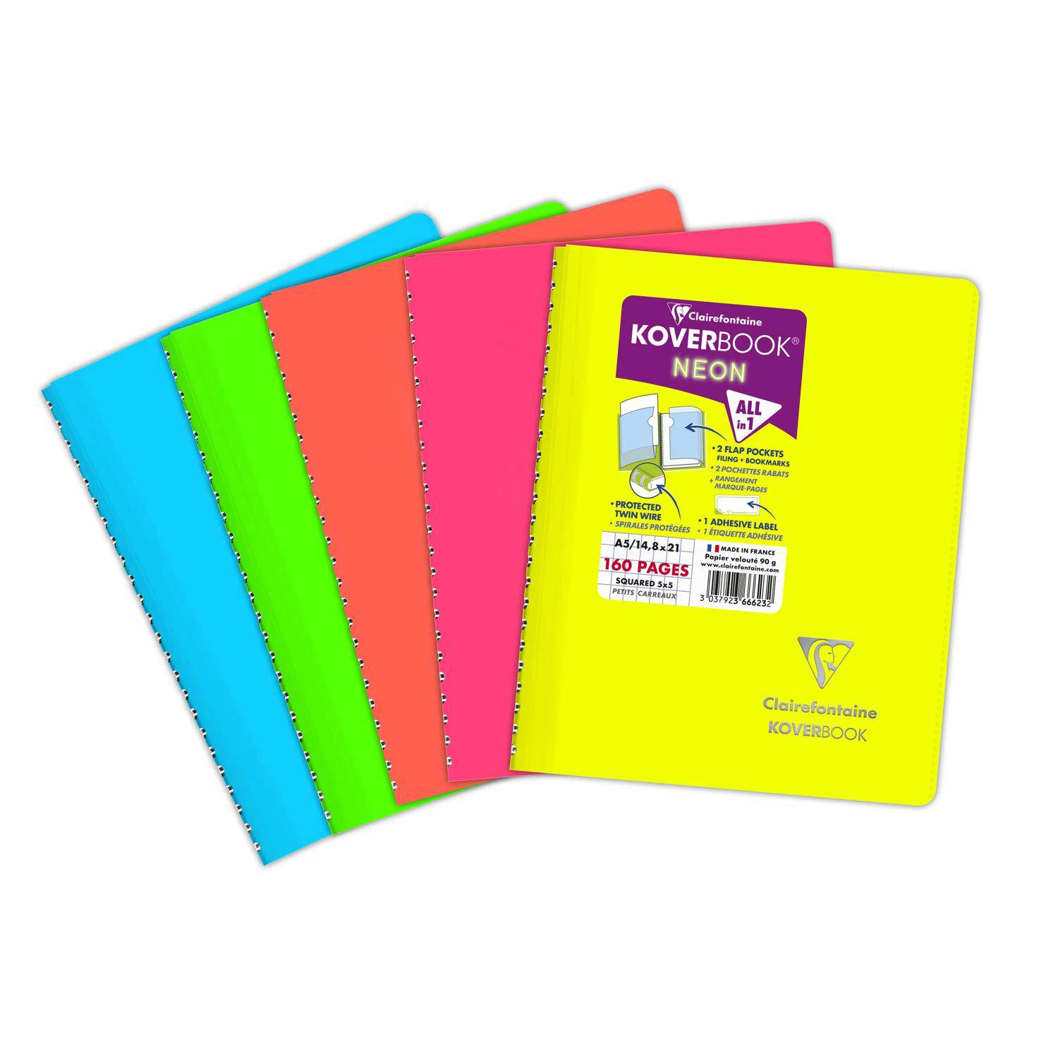 Clairefontaine 5x Neon Spiralbuch A5, 80 Blatt 90g, kariert - Sortiert 366623C