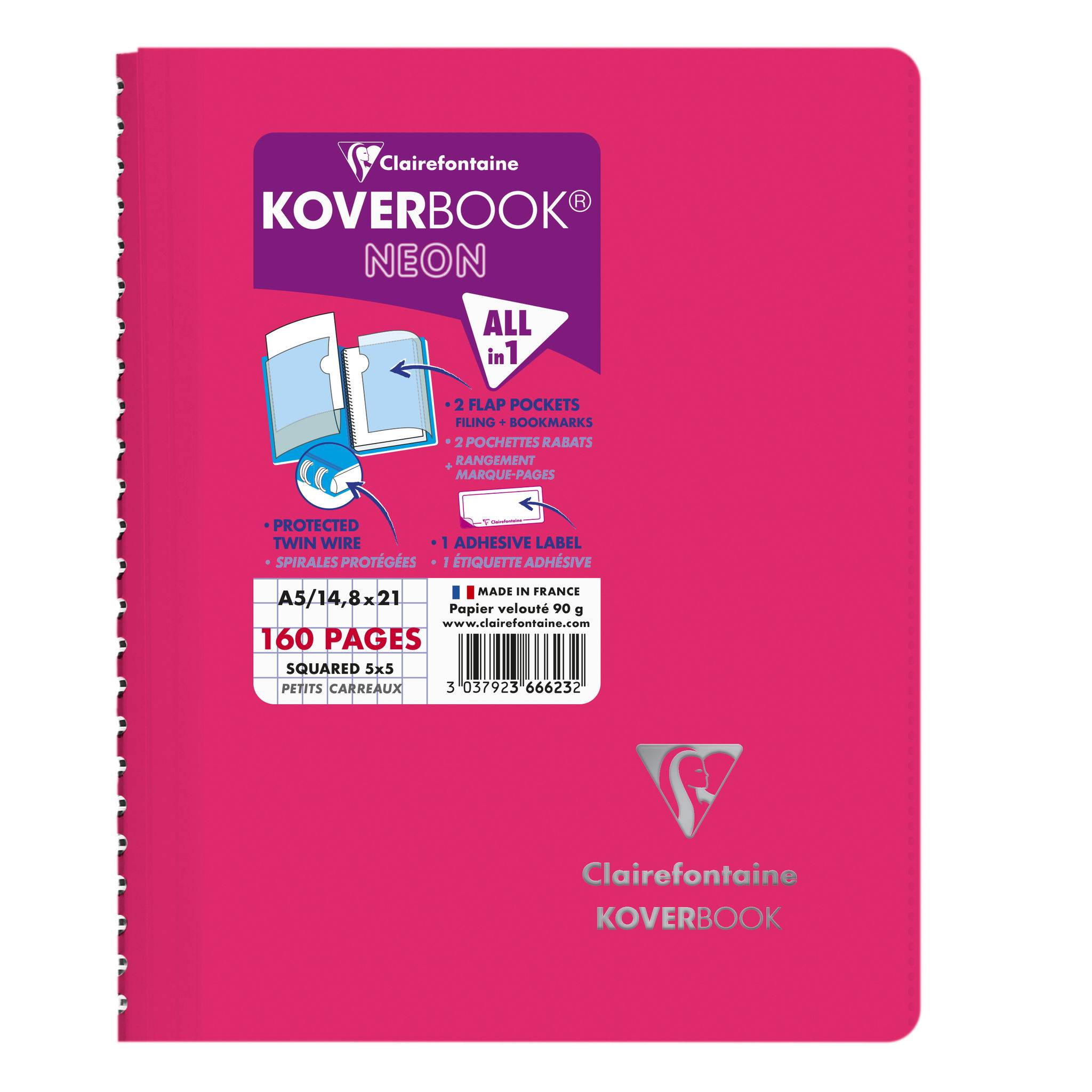 Clairefontaine 5x Neon Spiralbuch A5, 80 Blatt 90g, kariert - Sortiert 366623C