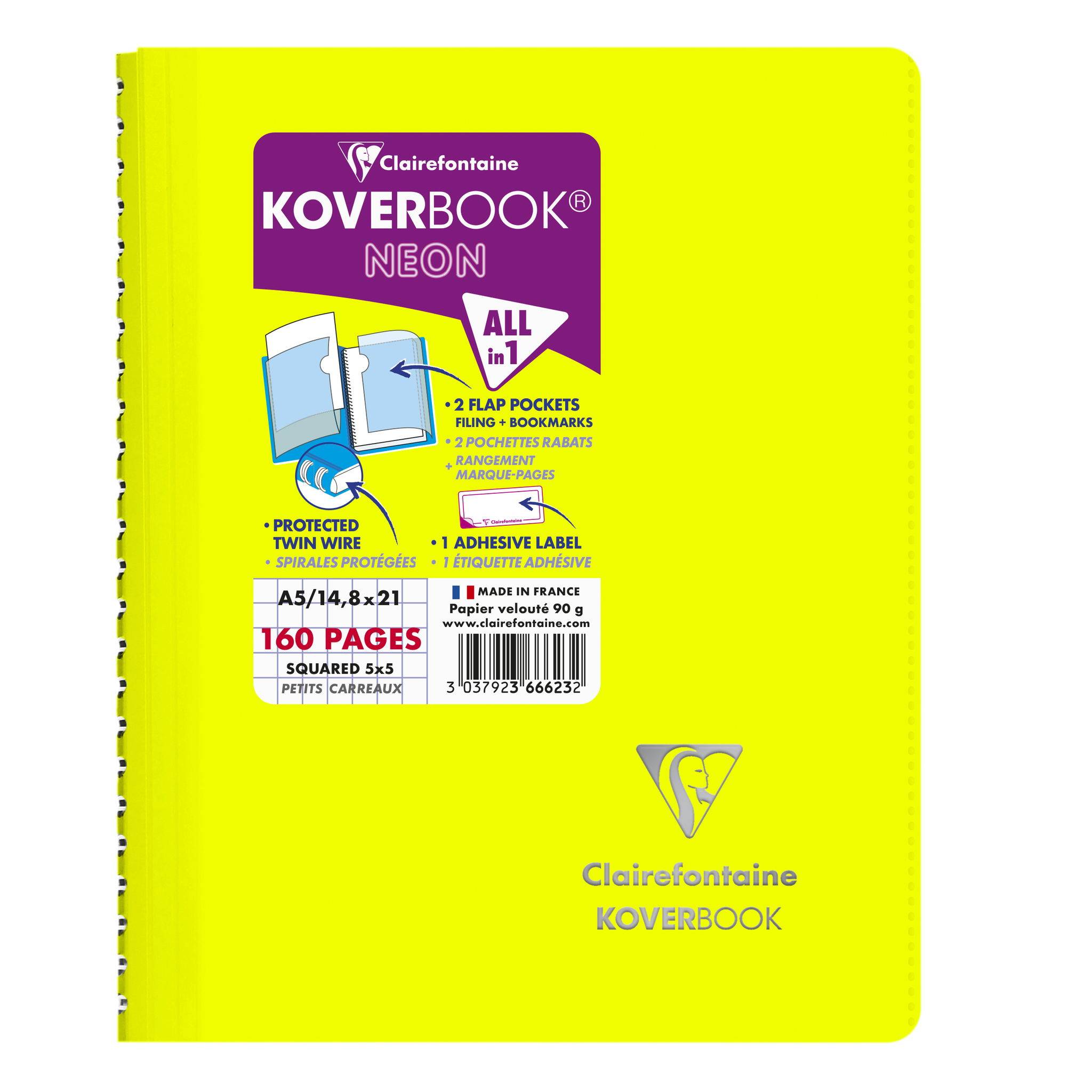 Clairefontaine 5x Neon Spiralbuch A5, 80 Blatt 90g, kariert - Sortiert 366623C