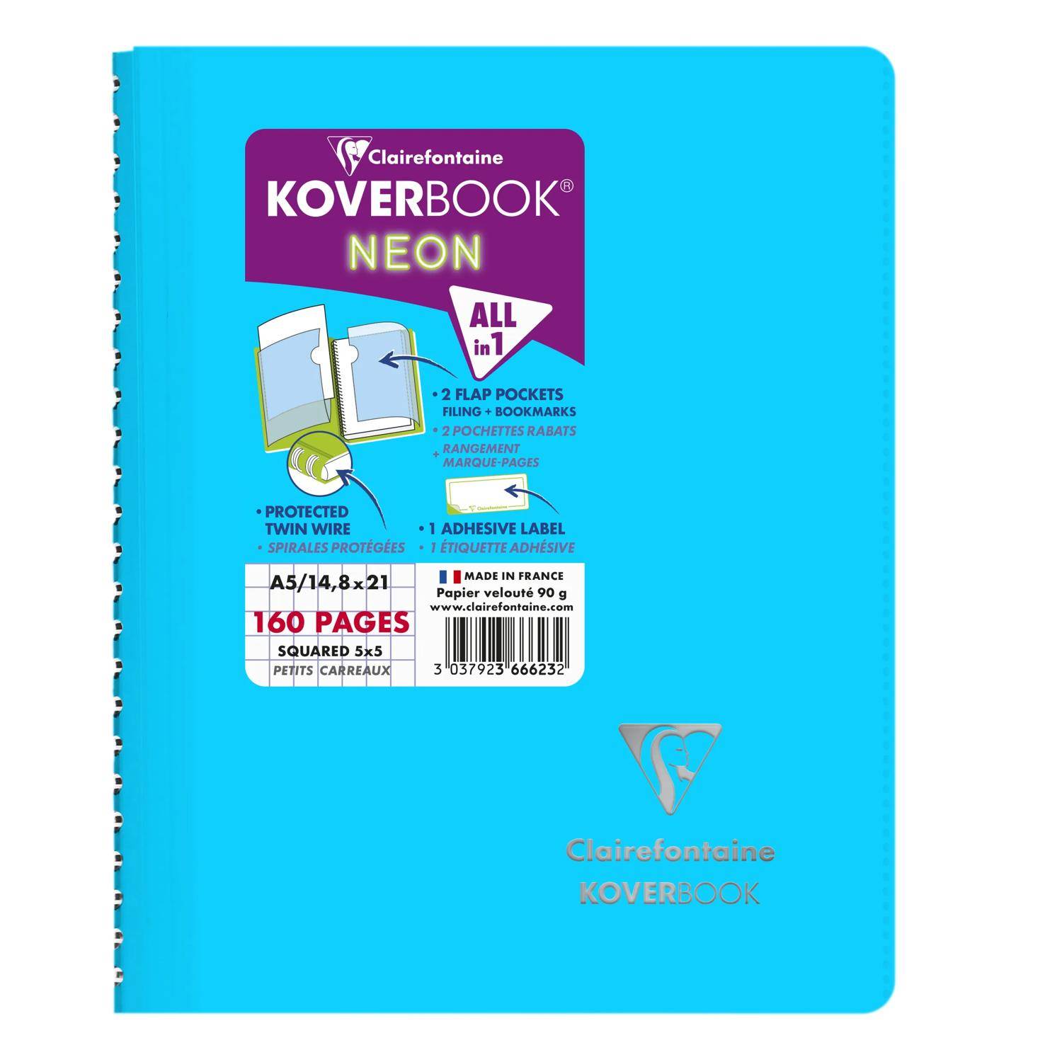Clairefontaine 5x Neon Spiralbuch A5, 80 Blatt 90g, kariert - Sortiert 366623C