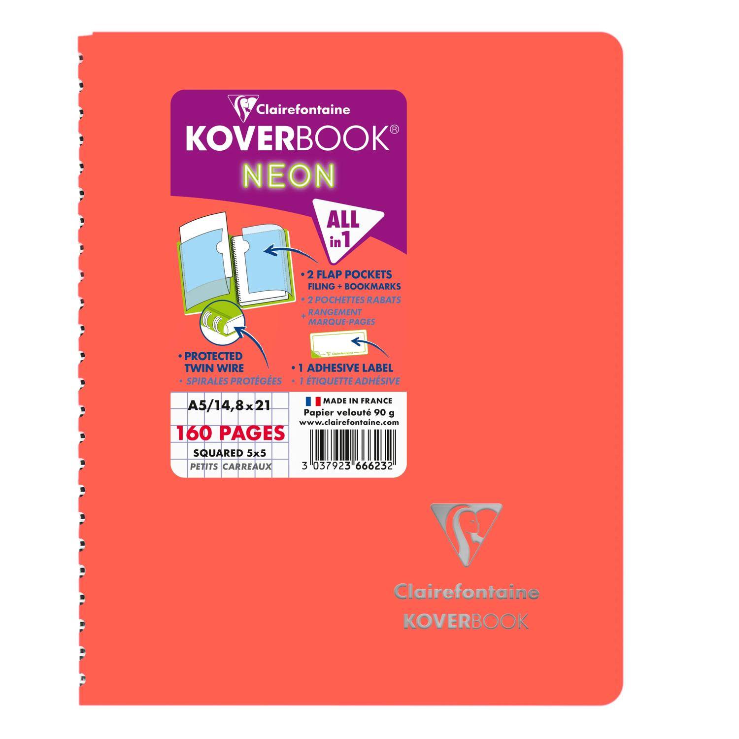 Clairefontaine 5x Neon Spiralbuch A5, 80 Blatt 90g, kariert - Sortiert 366623C