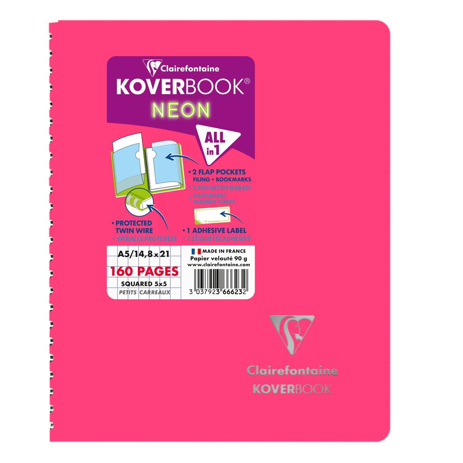Clairefontaine 5x Neon Spiralbuch A5, 80 Blatt 90g, kariert - Sortiert 366623C