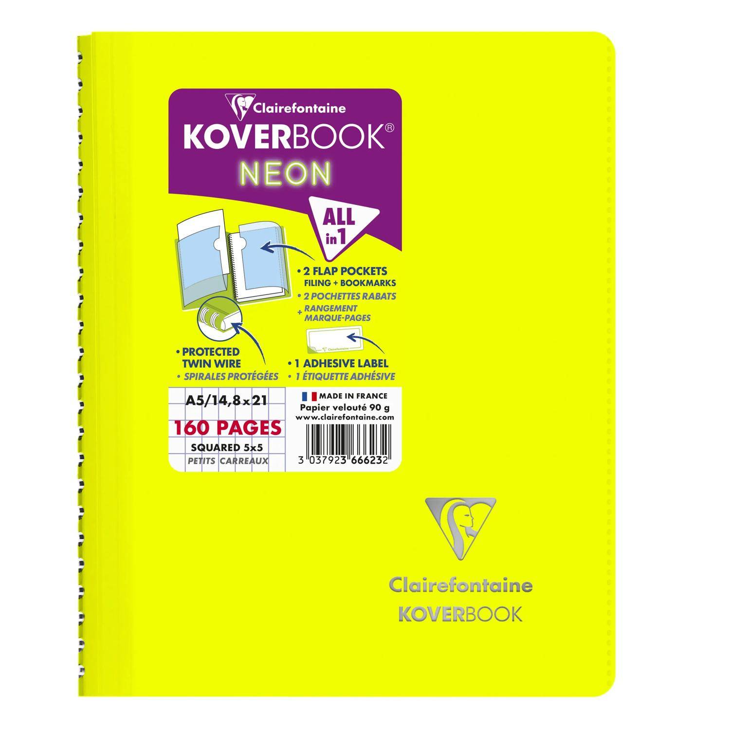 Clairefontaine 5x Neon Spiralbuch A5, 80 Blatt 90g, kariert - Sortiert 366623C