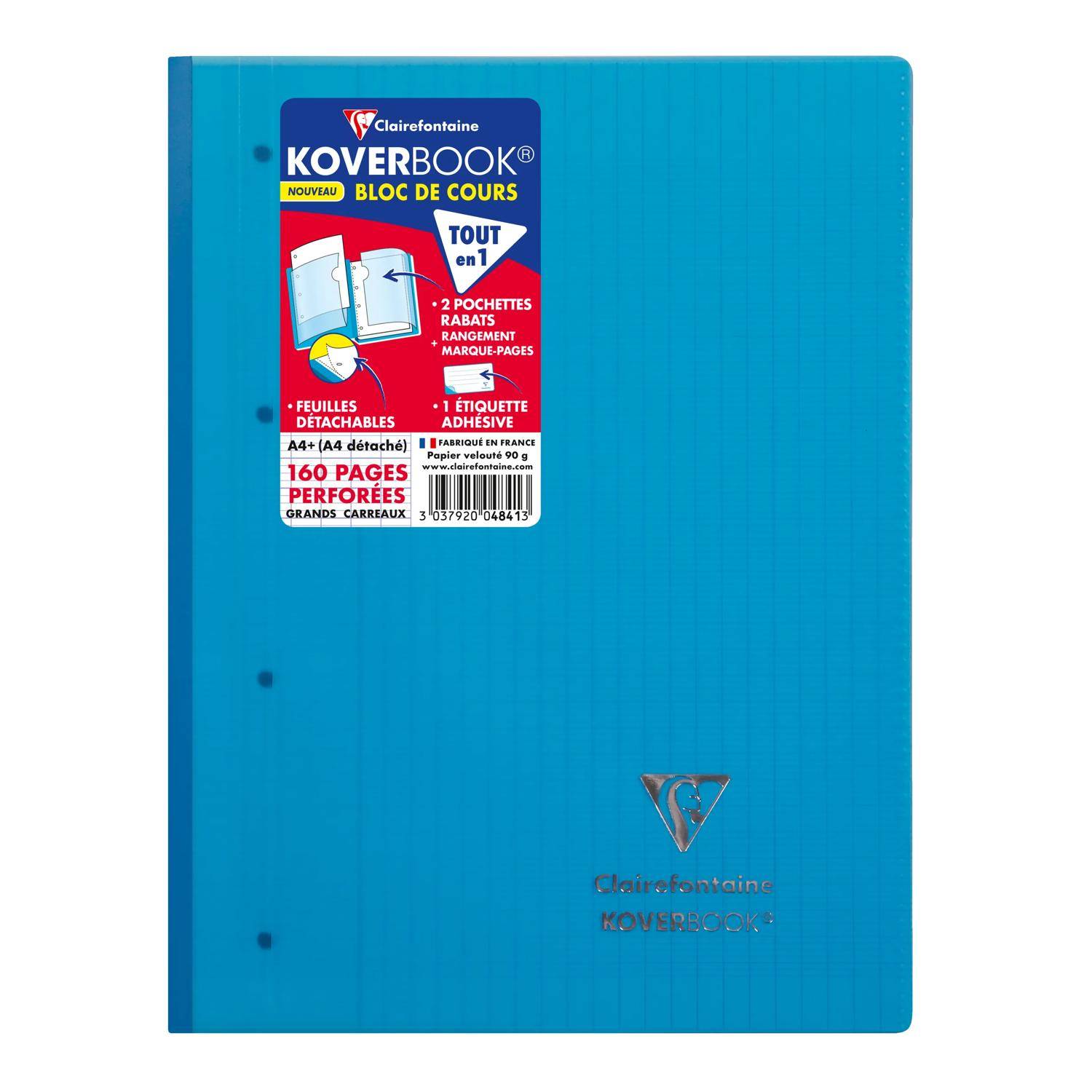 Blaues Spiralblock-Notizbuch mit Clairefontaine Koverbook-Etikett, zeigt A4+-perforierte Blätter, 160 Seiten, Taschen, Reiter und Haftetikett.