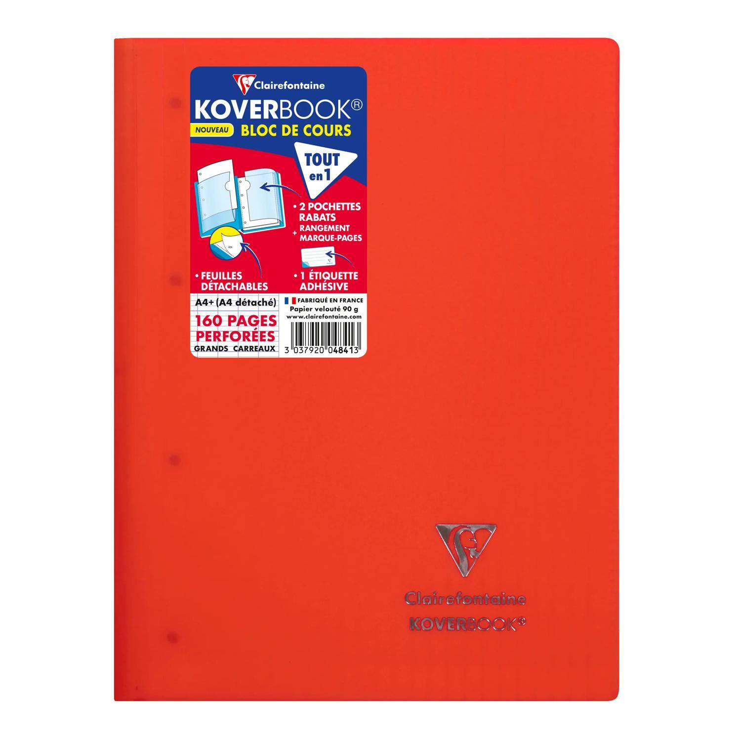 Rotes Spiralblock Clairefontaine Koverbook mit Frontaufkleber, der 'BLOC DE COURS', 'TOUT en 1' und '160 PAGES PERFORÉES' anzeigt.
