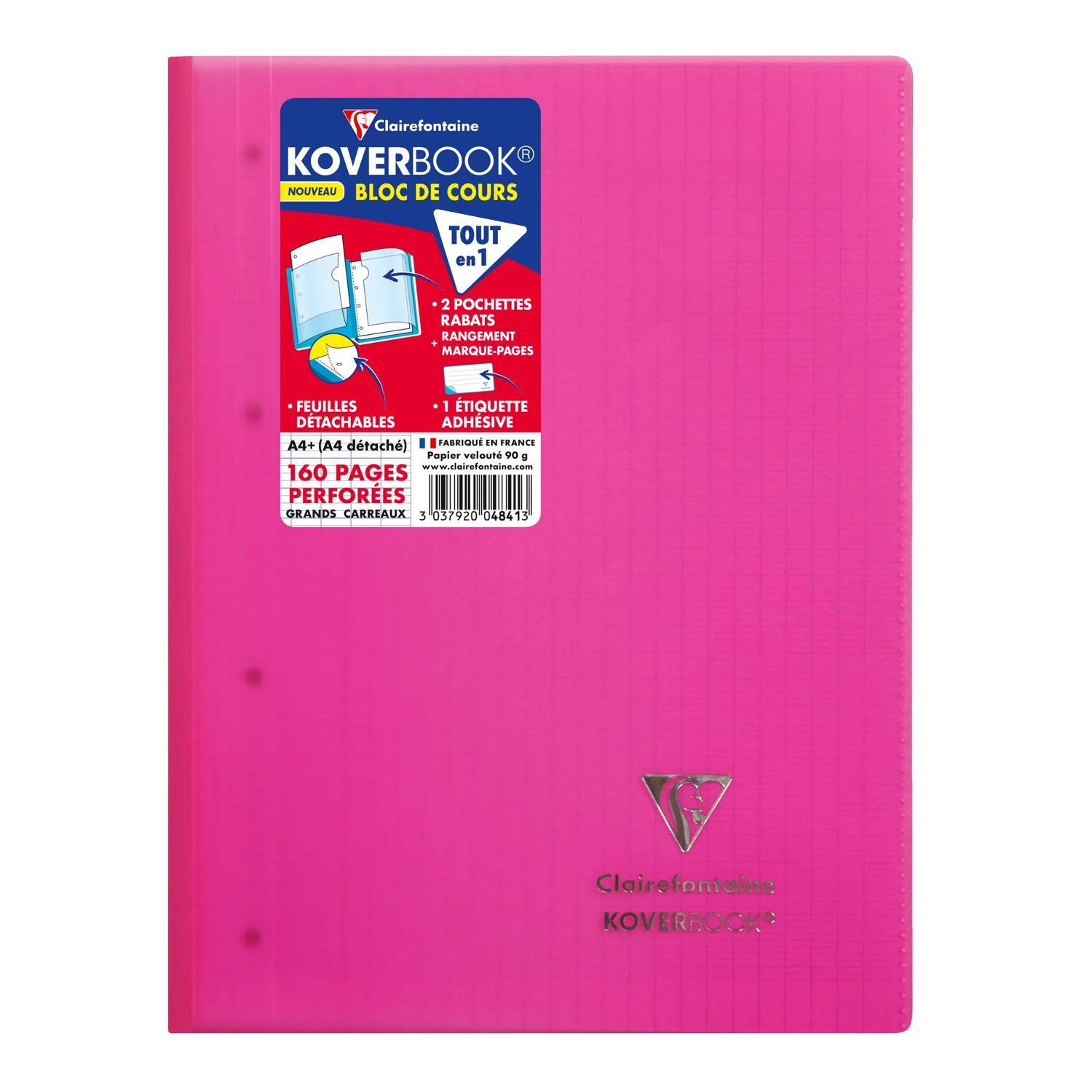Rosa Clairefontaine Koverbook Notizbuch-Umschlag mit Produktetikett, der ein 160-Seiten-Perforationsblock im A4-Format mit Taschen und Haftetikett zeigt.