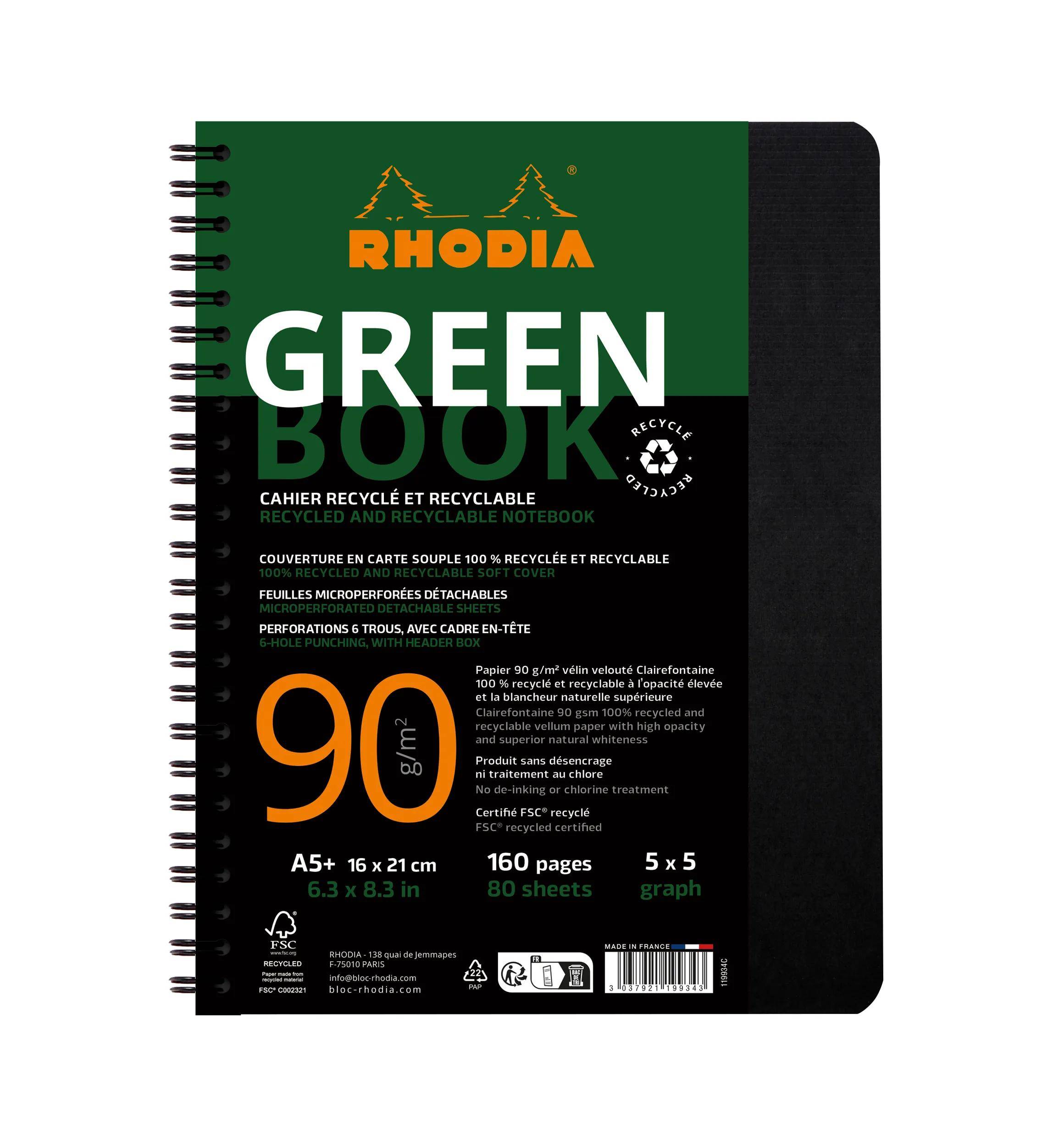 Rhodia 5x Notizbuch A5+ 350 g/m2, 80 Bl kariert, gelocht Schwarz 119934C