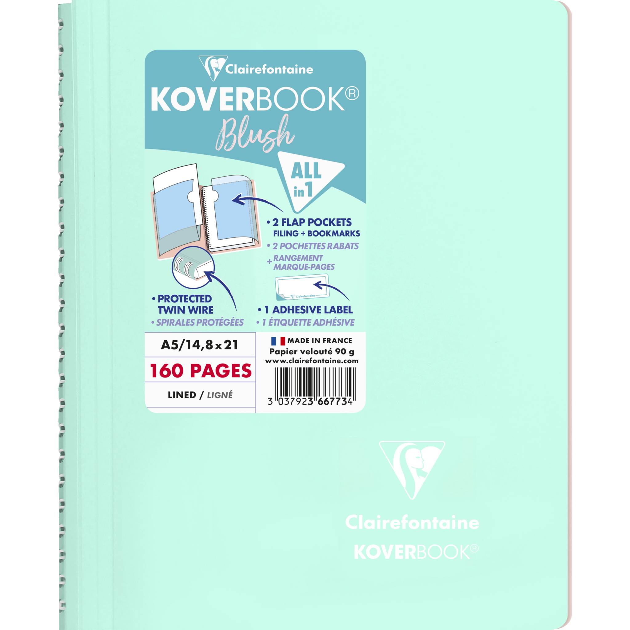 Clairefontaine 5x Spiralblock A5, 80 Blatt liniert - Minze/Puderrosa 366773C