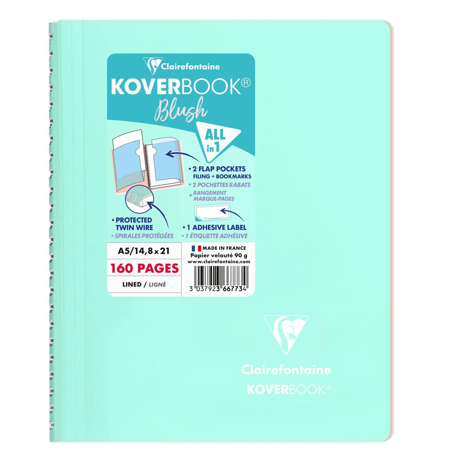 Clairefontaine 5x Spiralblock A5, 80 Blatt liniert - Minze/Puderrosa 366773C