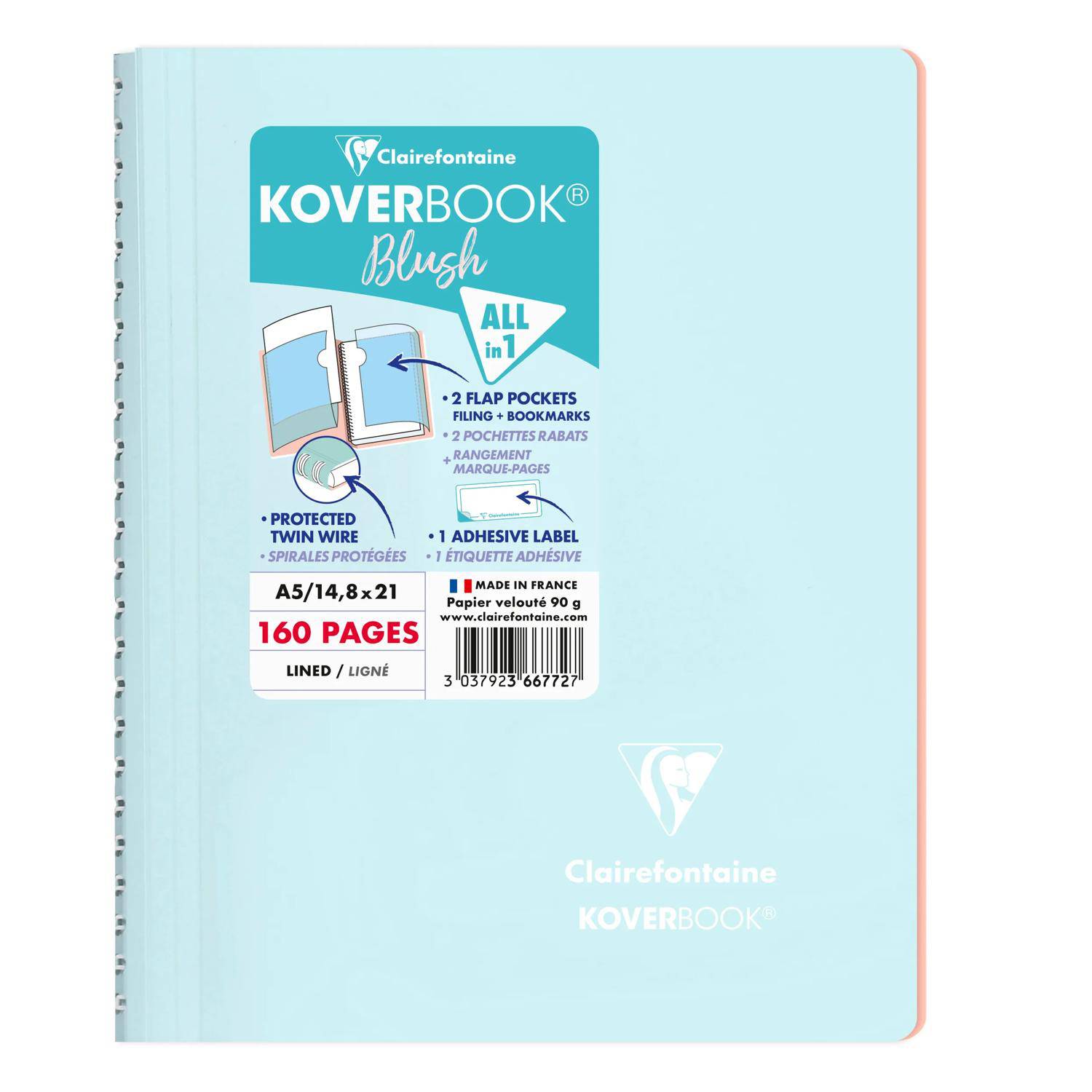 Clairefontaine 5x Spiralblock A5, 80 Blatt liniert, Eisblau/Koralle 366772C