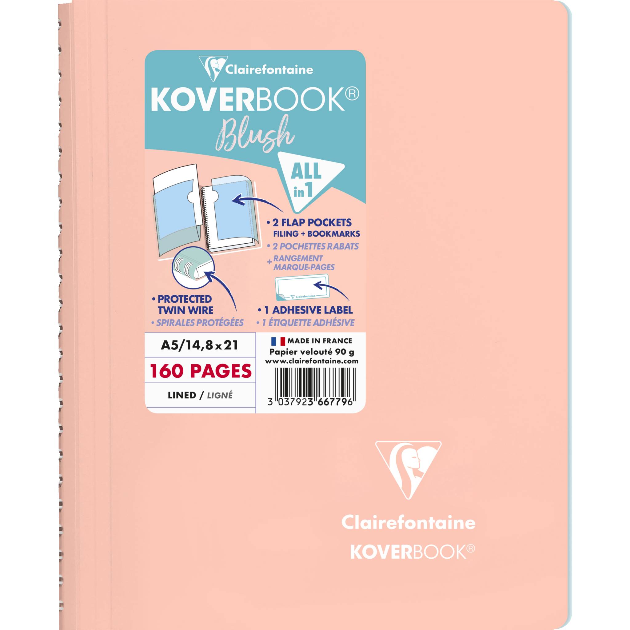 Clairefontaine 5x Spiralblock A5, 80 Blatt liniert, Koralle/Eisblau 366779C