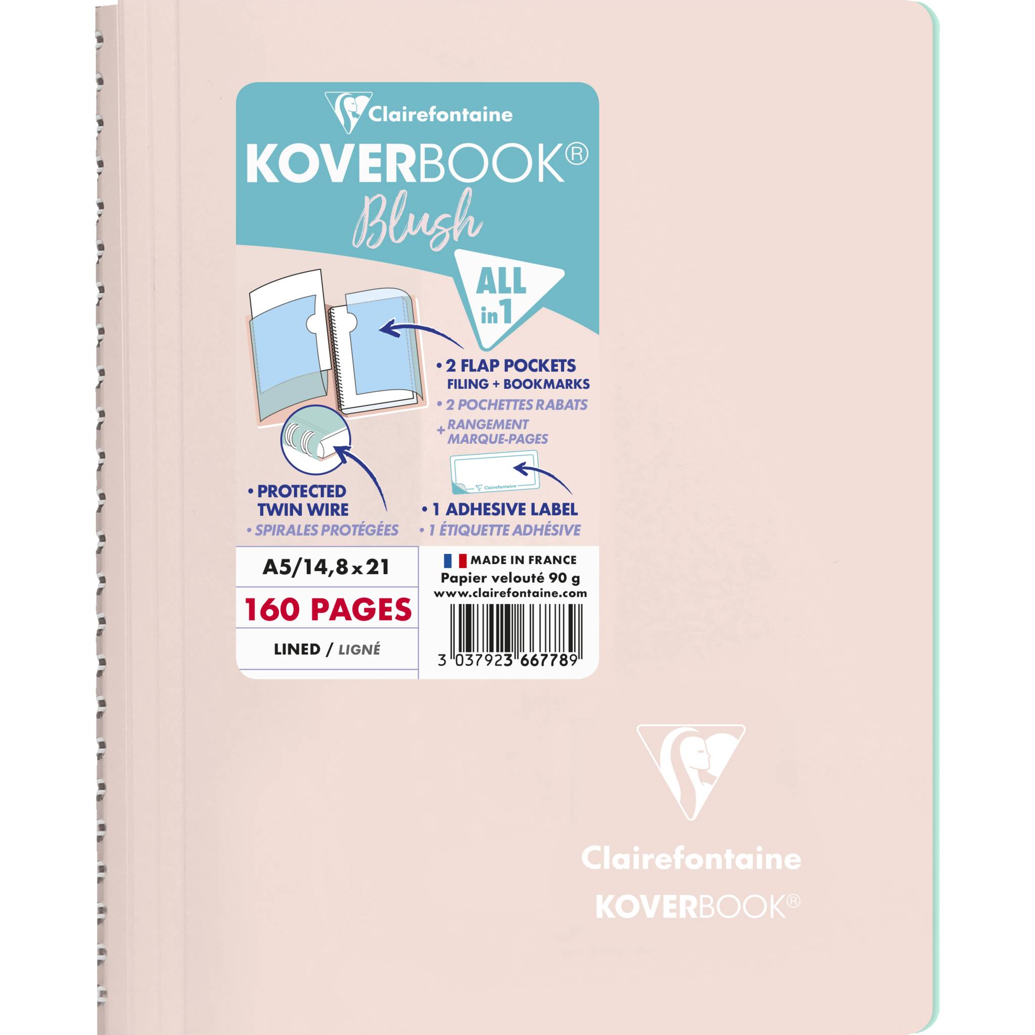 Clairefontaine 5x Spiralblock A5, 80 Blatt liniert Puderrosa/Minze 366778C