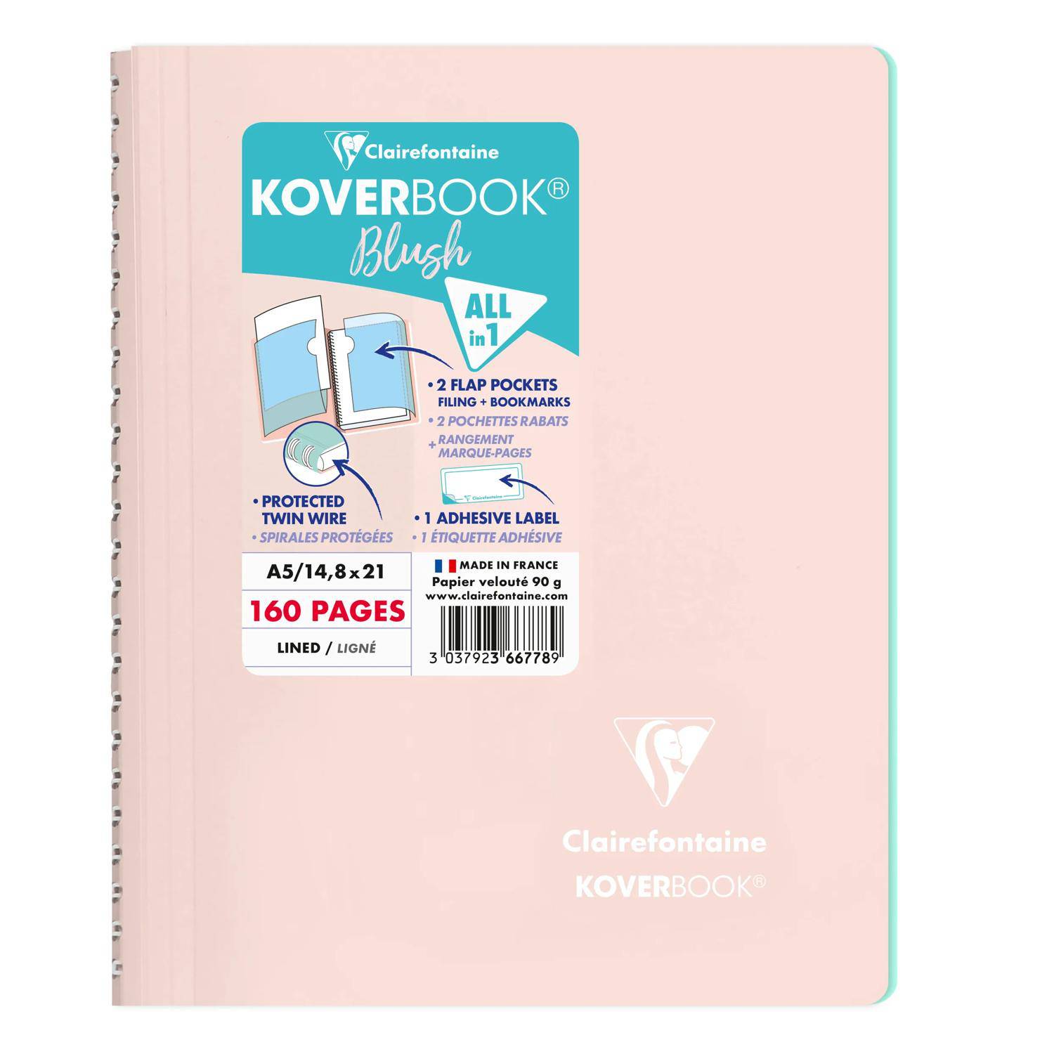 Clairefontaine 5x Spiralblock A5, 80 Blatt liniert Puderrosa/Minze 366778C