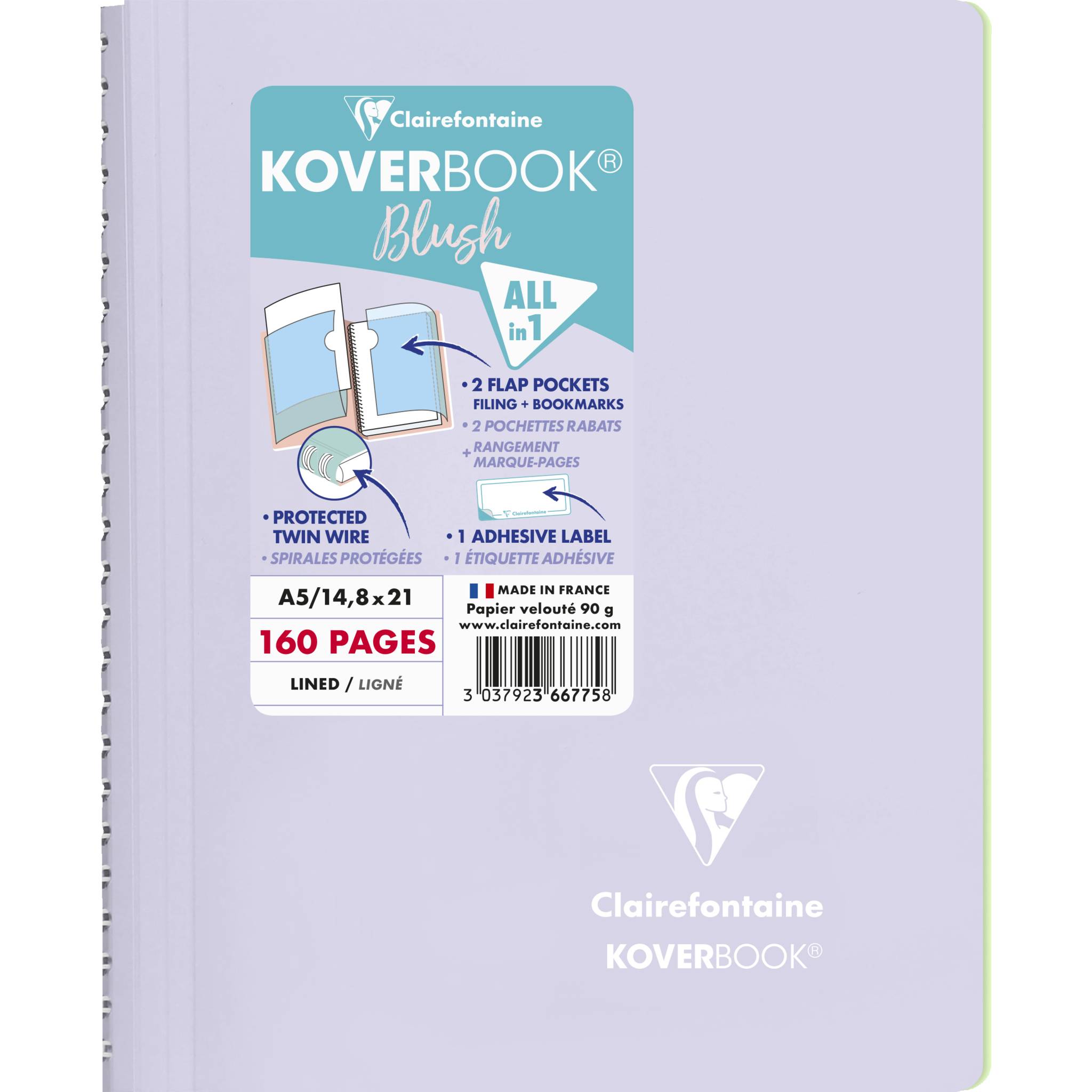 Clairefontaine 5x Spiralblock A5, 80 Blatt liniert Flieder/limettengrün 366775C