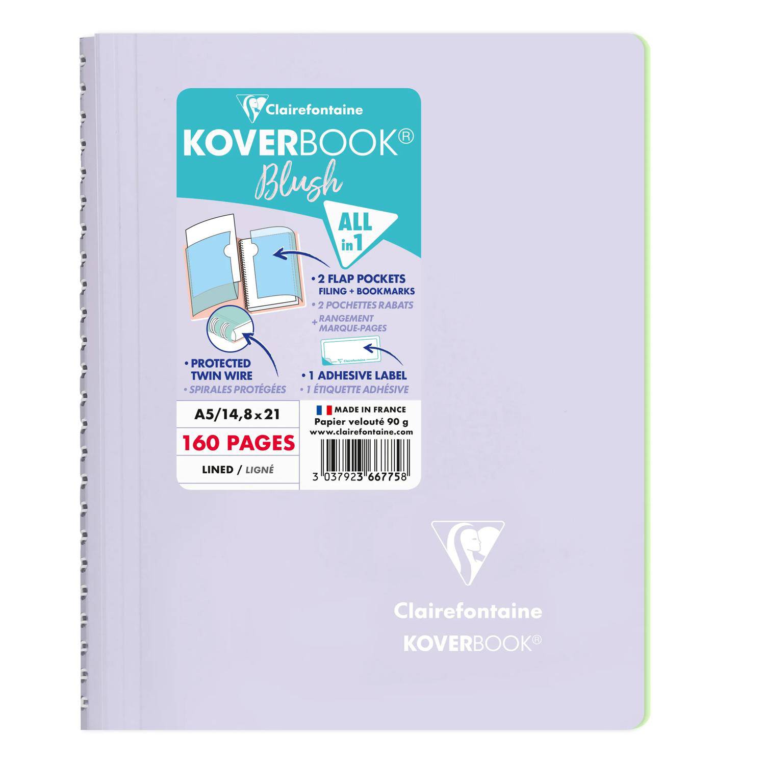 Clairefontaine 5x Spiralblock A5, 80 Blatt liniert Flieder/limettengrün 366775C