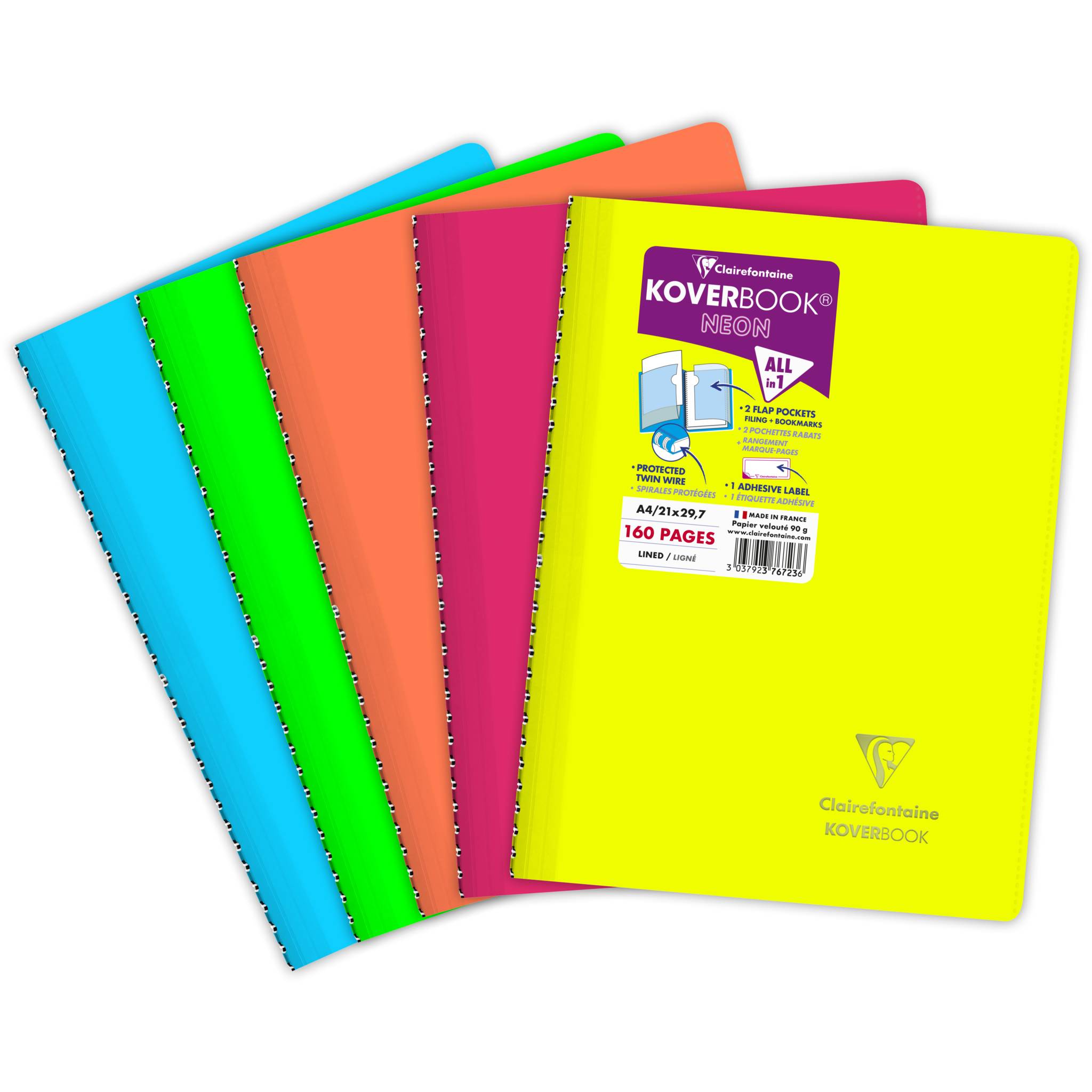 Clairefontaine 5x Neon Spiralbuch A4, 80 Blatt 90g, liniert - Sortiert 376723C