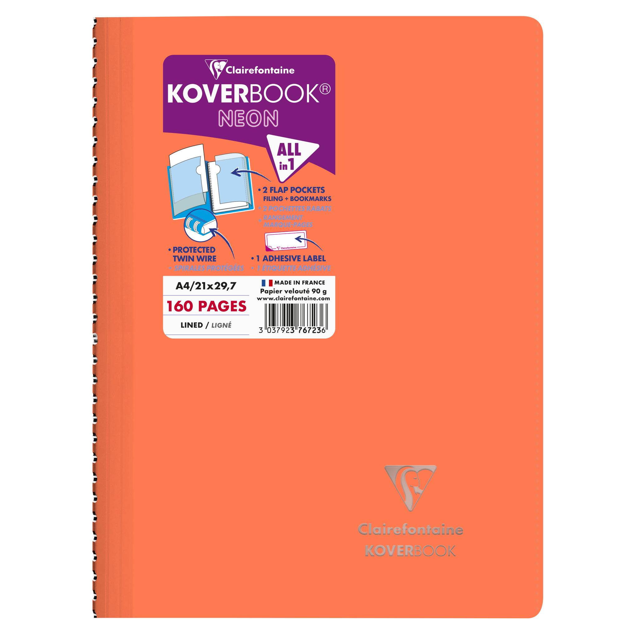 Clairefontaine 5x Neon Spiralbuch A4, 80 Blatt 90g, liniert - Sortiert 376723C