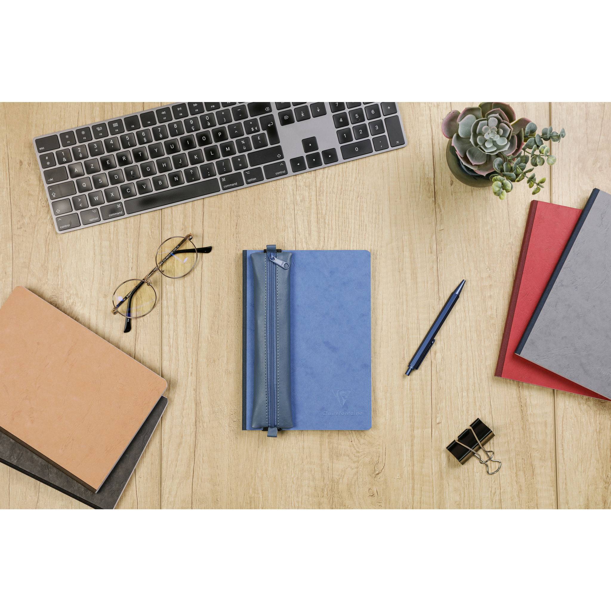 Clairefontaine 5x Schlampermäppchen Leder Notizbuch, 20x4,5 cm Blau 77039C